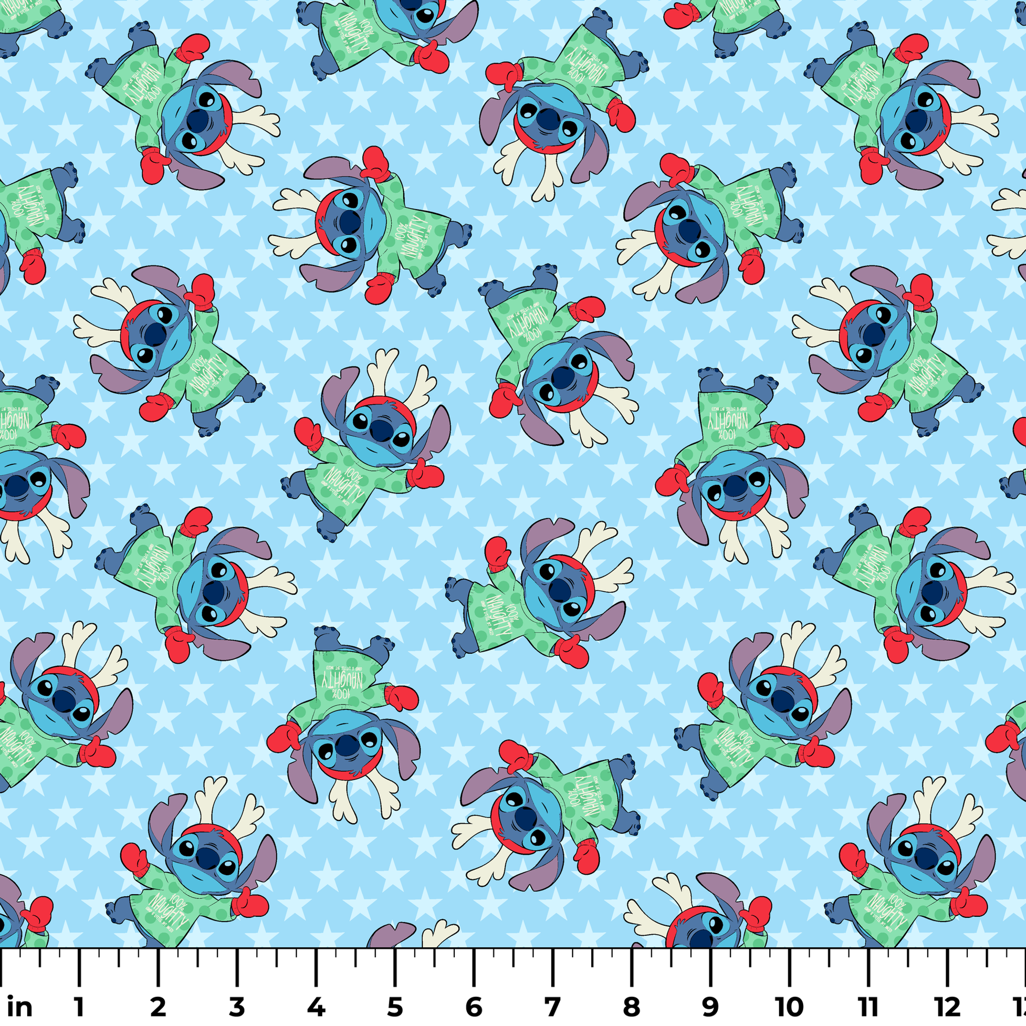 A repeating pattern of Disney's Stitch in holiday outfits with Christmas trees on light blue snowflake background. ruler