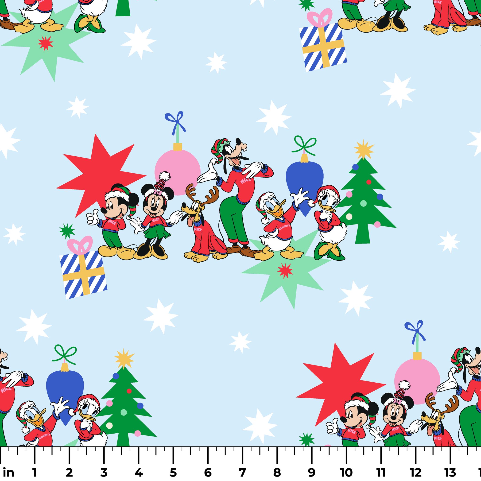 Cartoon Disney characters in festive poses with Christmas trees, ornaments, and stars on light blue snowy background ruler