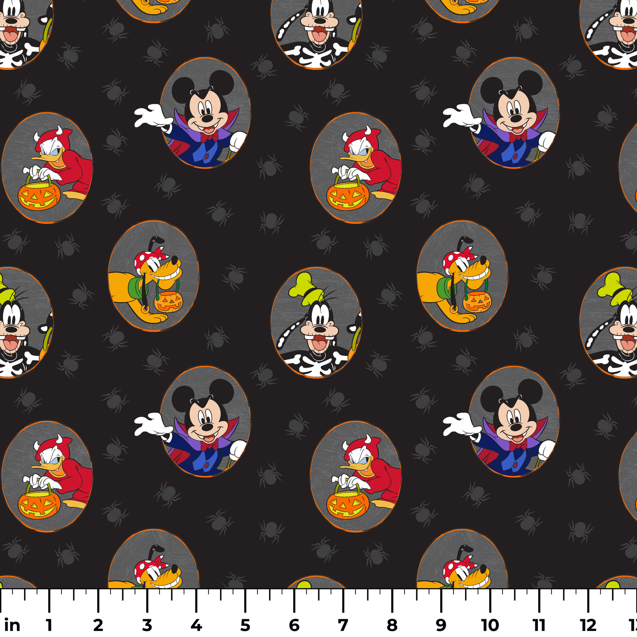 Disney characters in Halloween costumes on black background with spider pattern. Mickey as vampire, Donald with pumpkin, Pluto with candy. ruler
