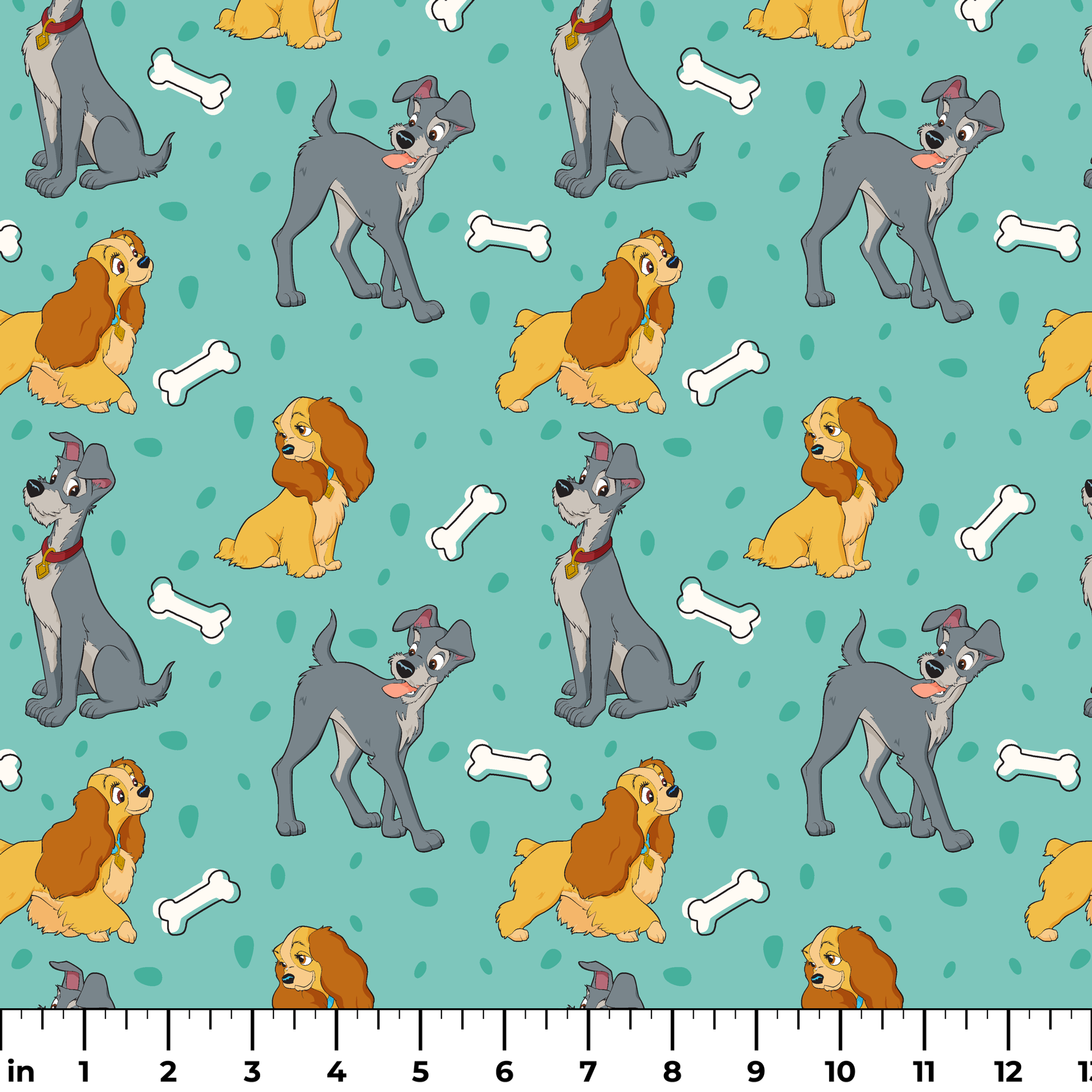 Cartoon pattern of gray dogs and golden cocker spaniels with white bones on turquoise background ruler