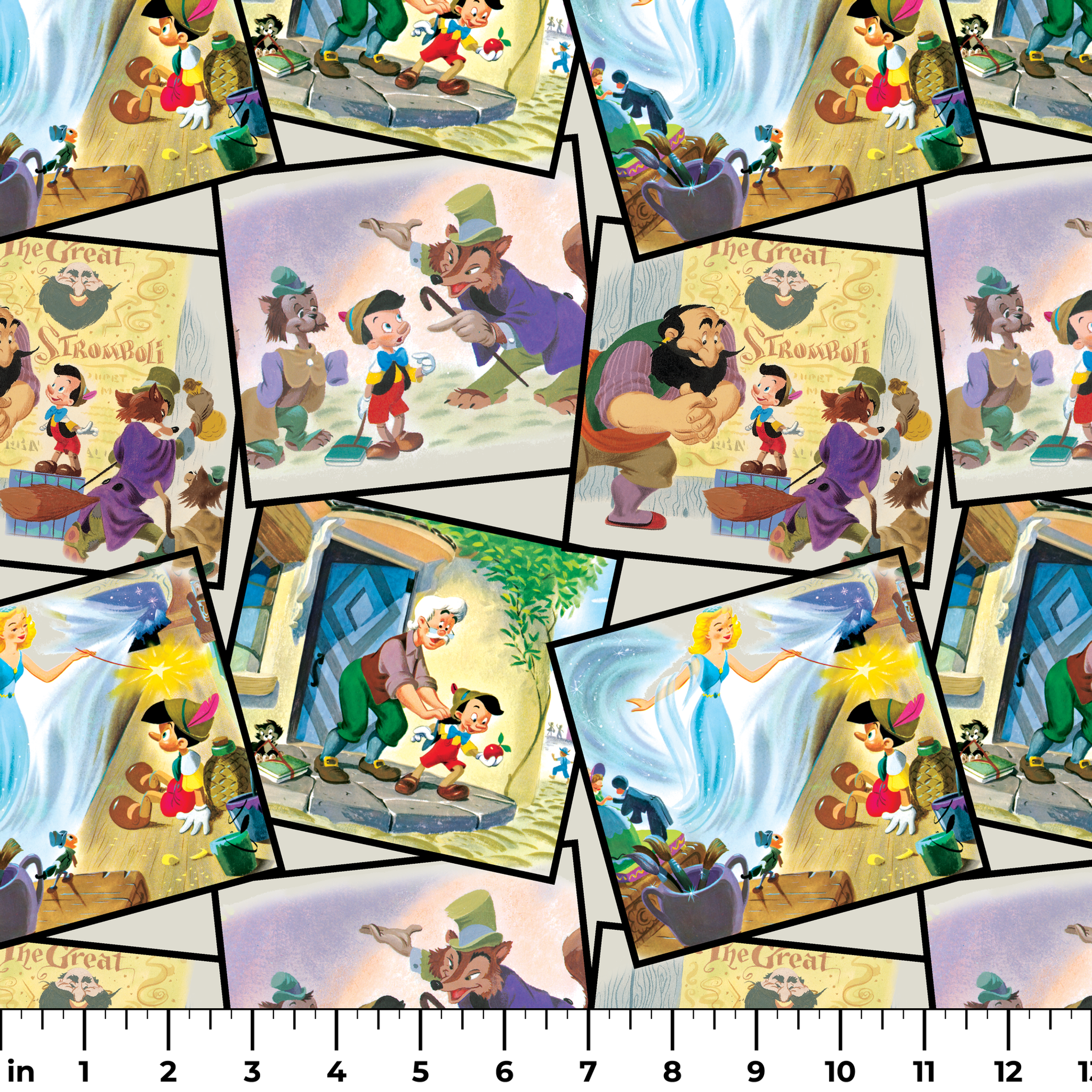 Colorful collage of Pinocchio scenes showing the wooden puppet, Geppetto, and other characters from the classic fairy tale. ruler