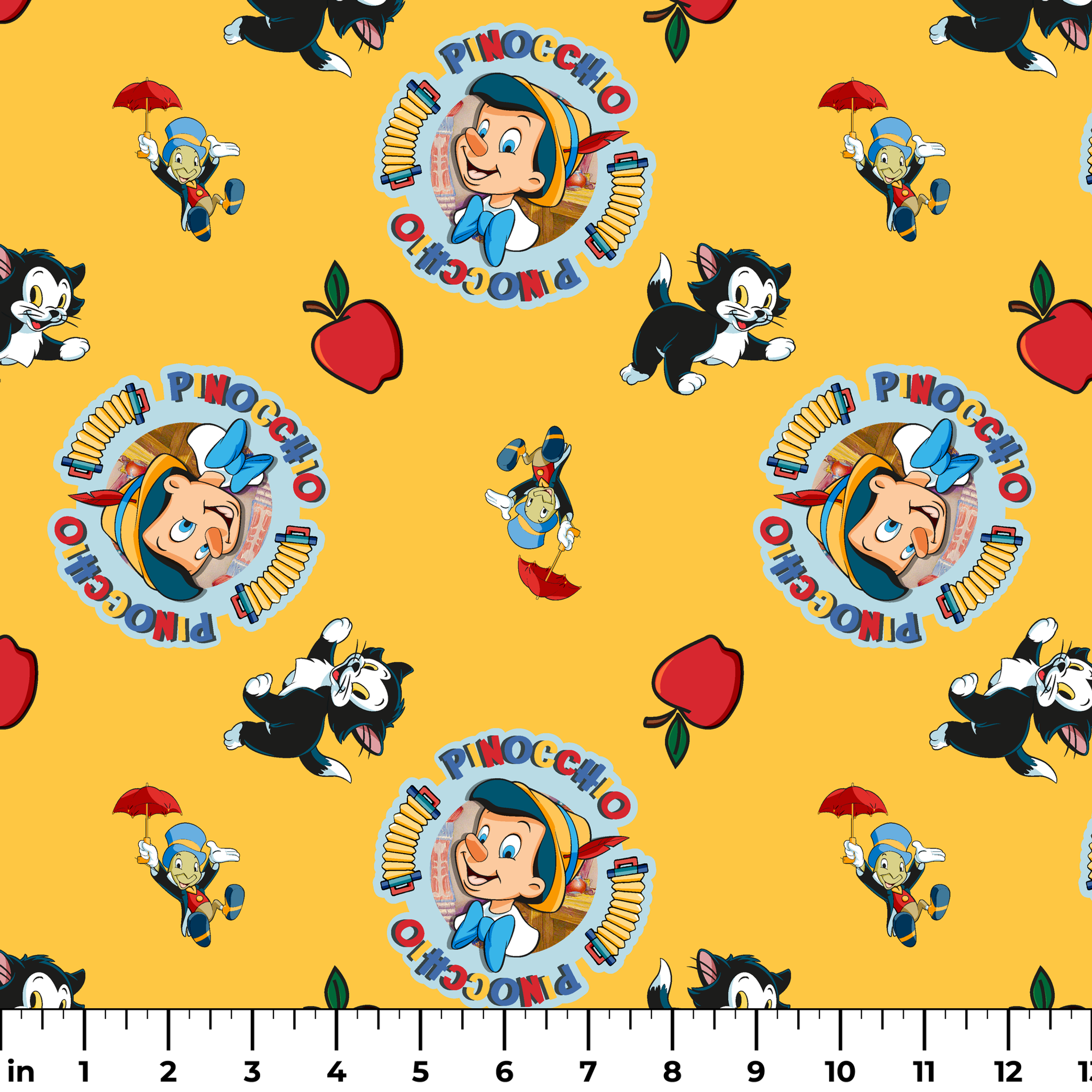 Pinocchio and Disney character pattern on yellow background with circular logos and red apples ruler