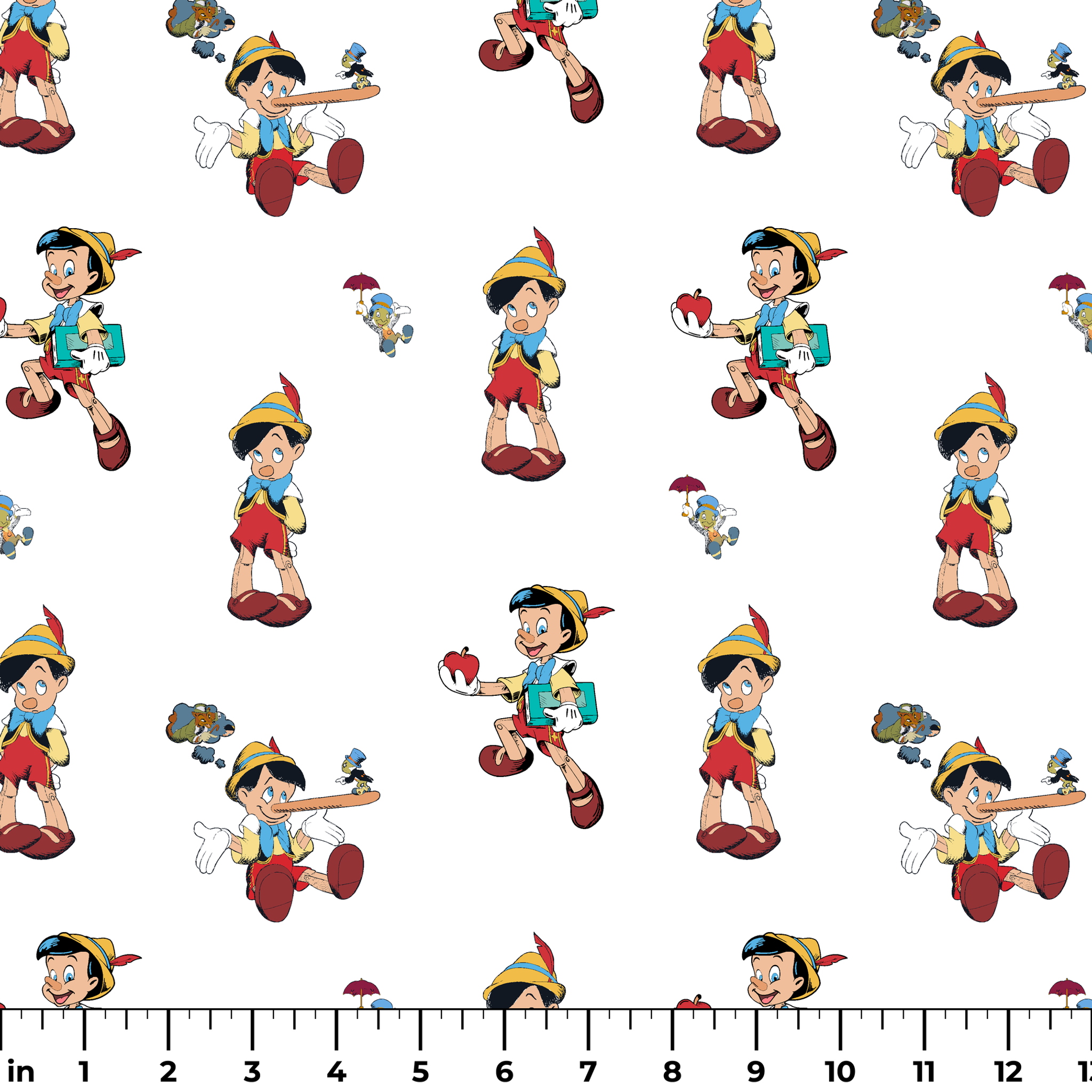 Repeating pattern of cartoon wooden puppet character with pointed hat in various poses ruler