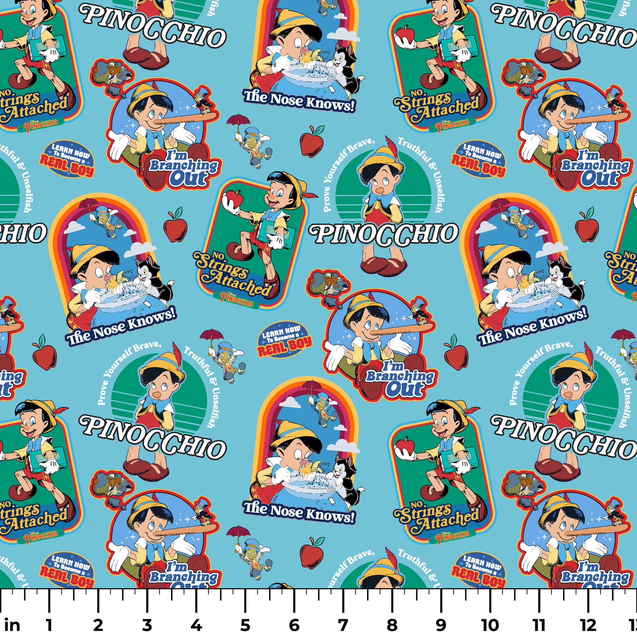 Colorful Pinocchio cartoon pattern featuring puppet characters, slogans, and red apples on teal background ruler