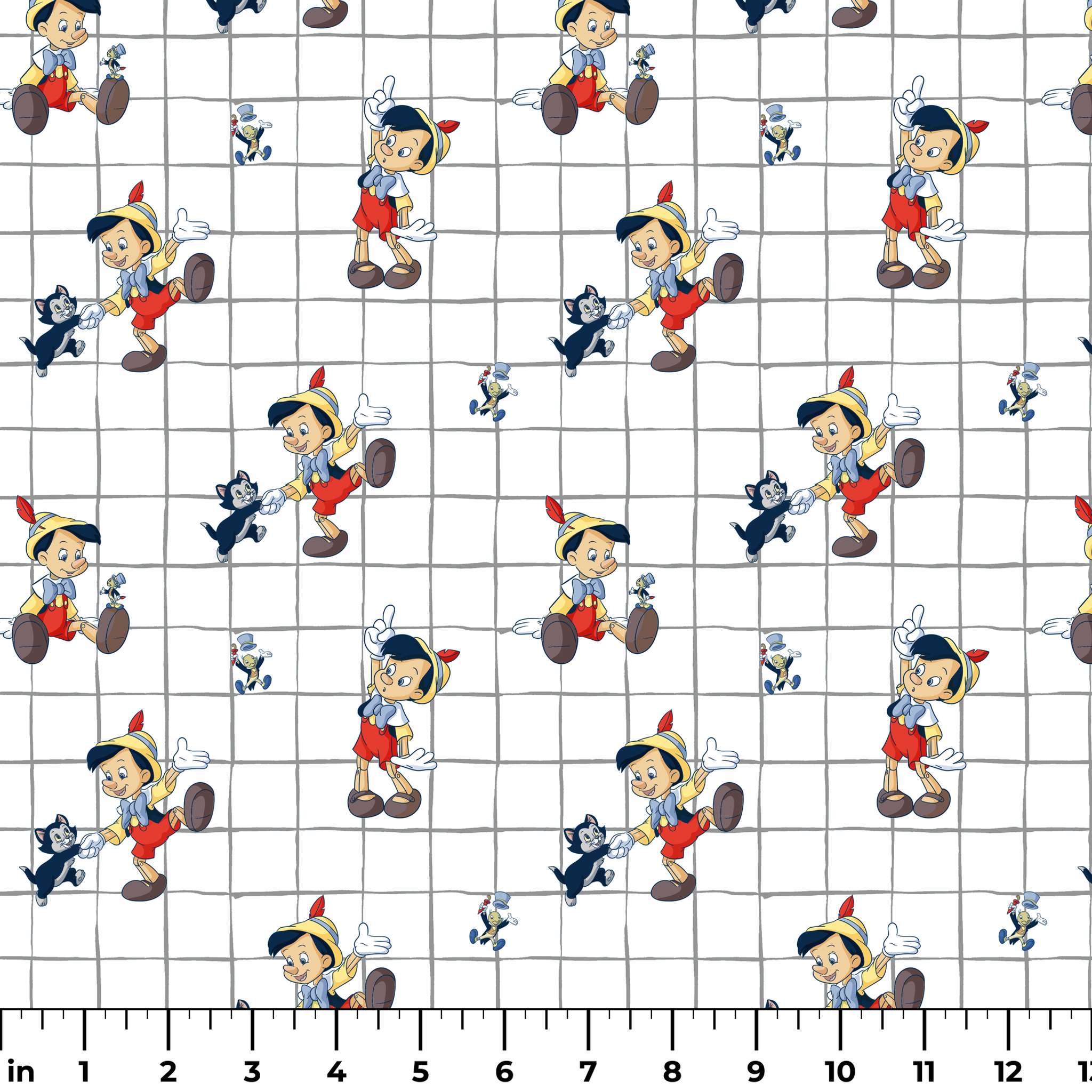 Classic cartoon puppets with red shorts, yellow hats on white grid pattern with small black cat figures ruler