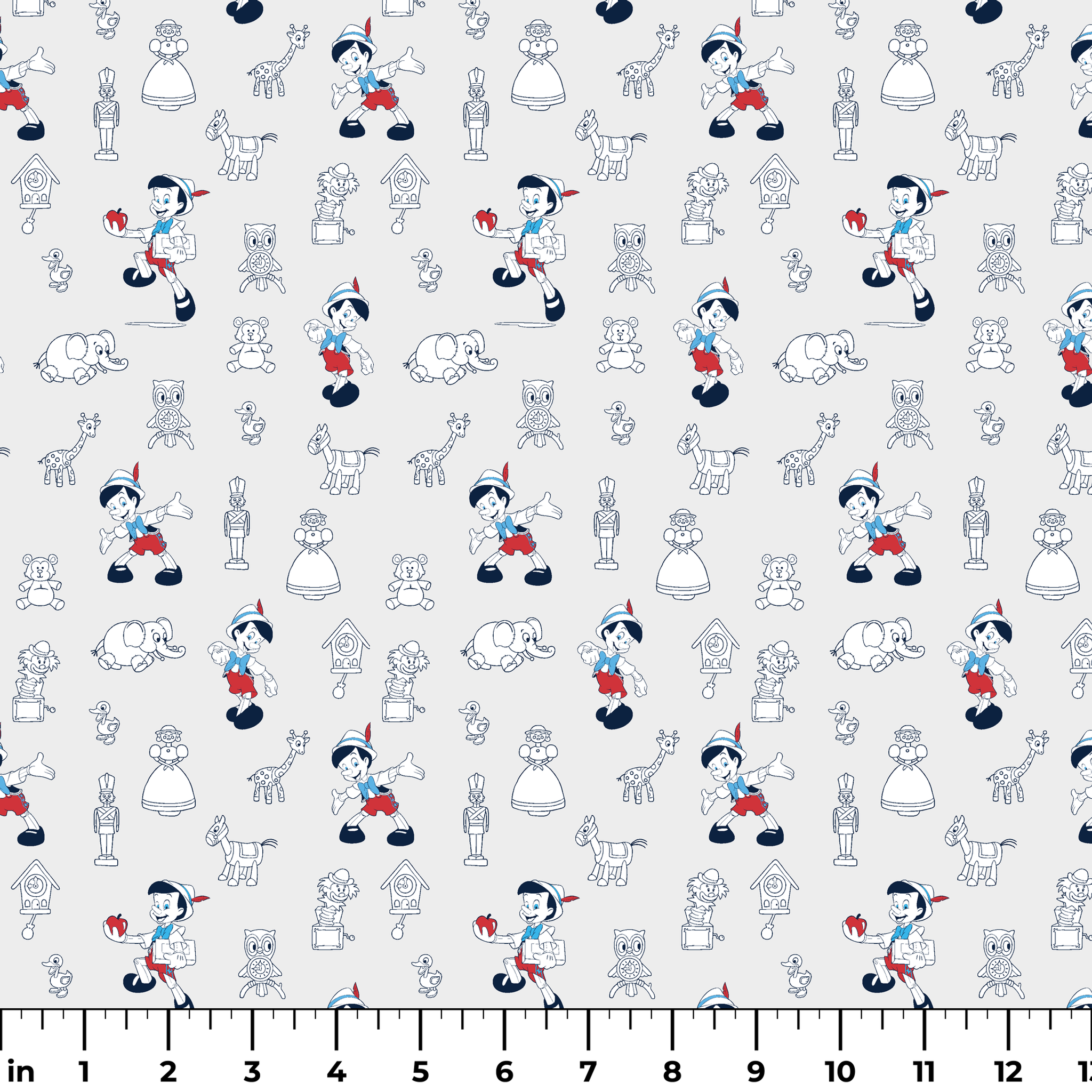 Pattern of vintage cartoon characters including Pinocchio and assorted animals on a light background with red and blue accents ruler