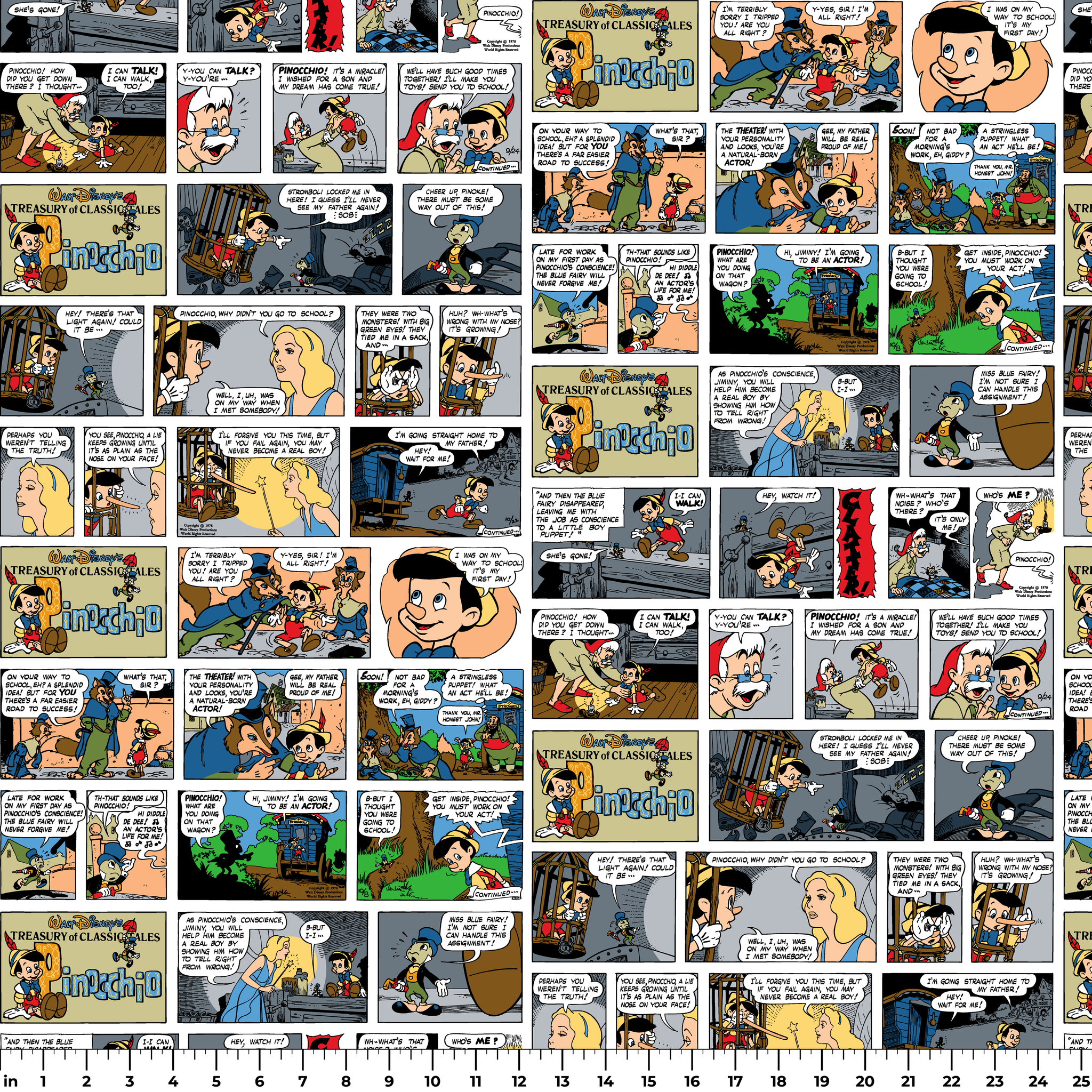 Comic strip collage featuring multiple panels from vintage comics with colorful characters, speech bubbles, and various cartoon scenes arranged in a grid pattern. ruler