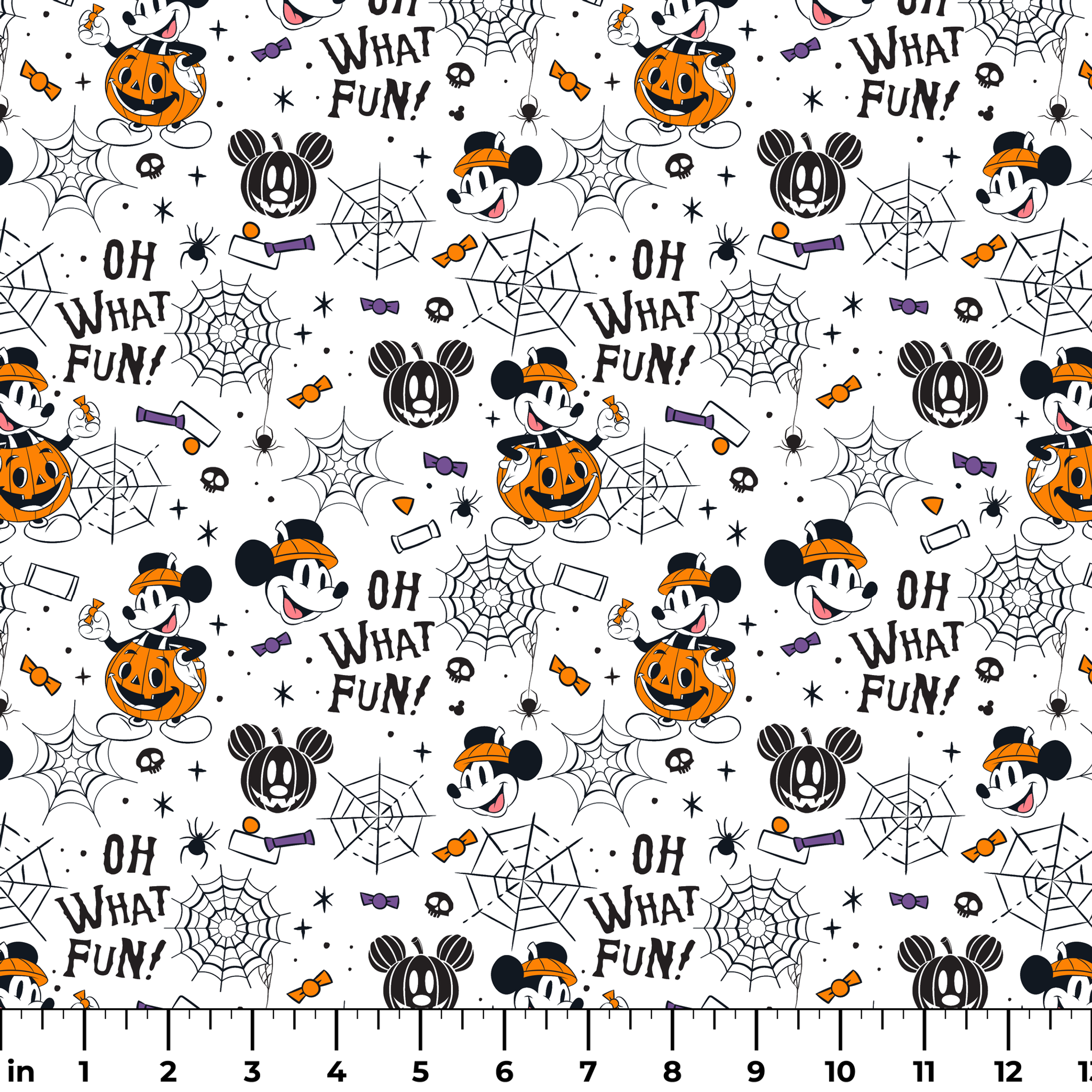 Halloween-themed cartoon pattern with Mickey Mouse characters, pumpkins, spider webs, and "OH WHAT FUN!" text on white background ruler