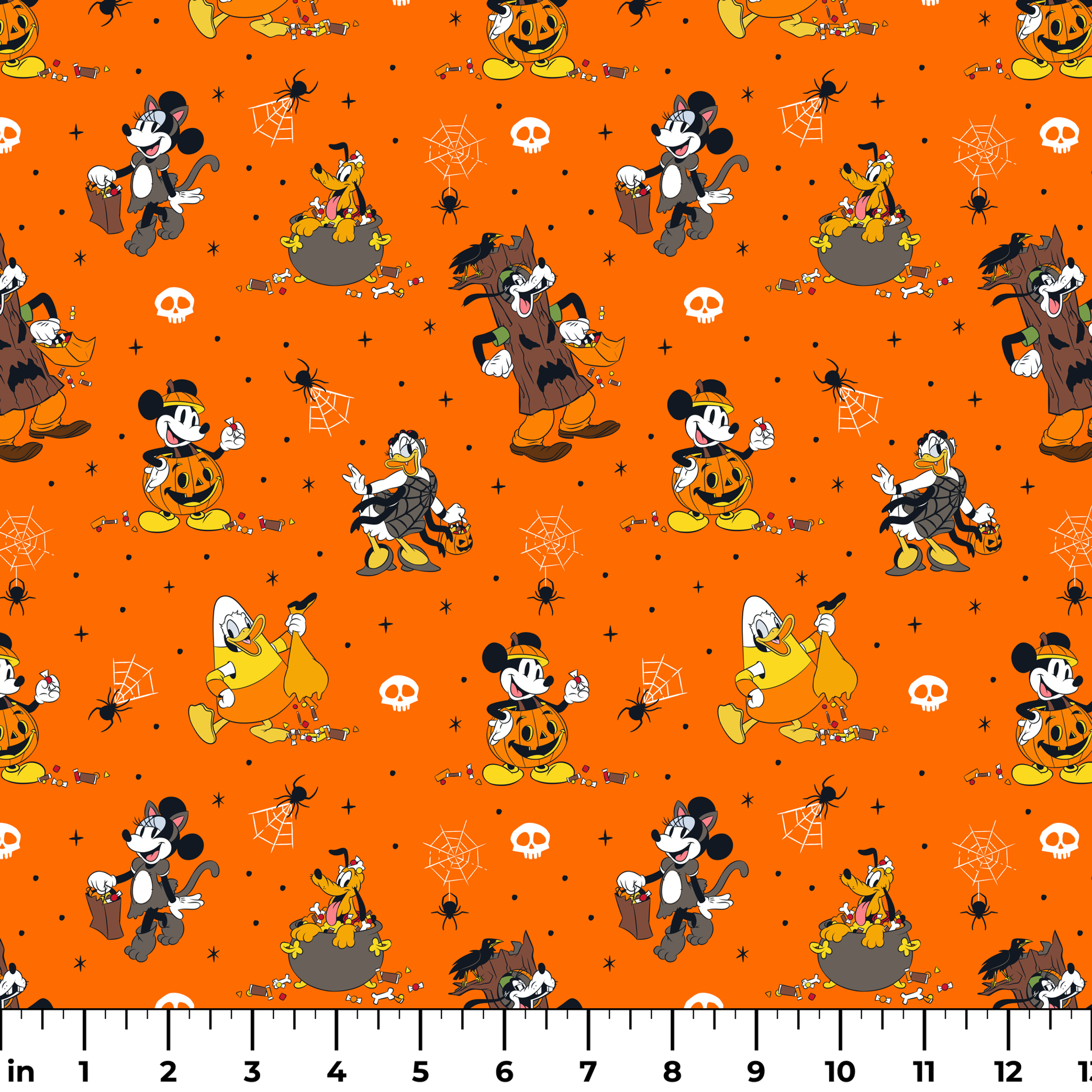 Halloween-themed orange pattern with Disney characters in costumes, spiderwebs, and skulls ruler