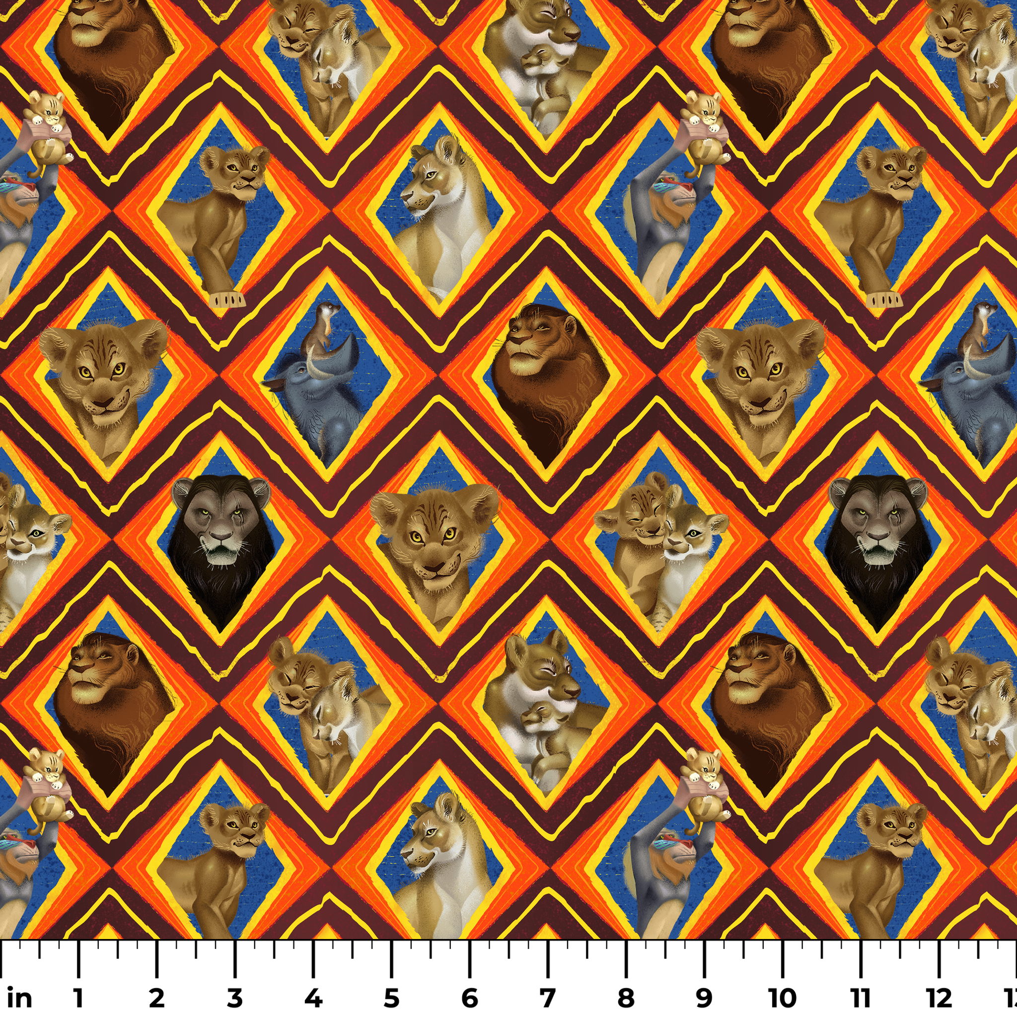 Diamond pattern of illustrated lions with various expressions in brown, tan, and gray against colorful geometric backgrounds. ruler