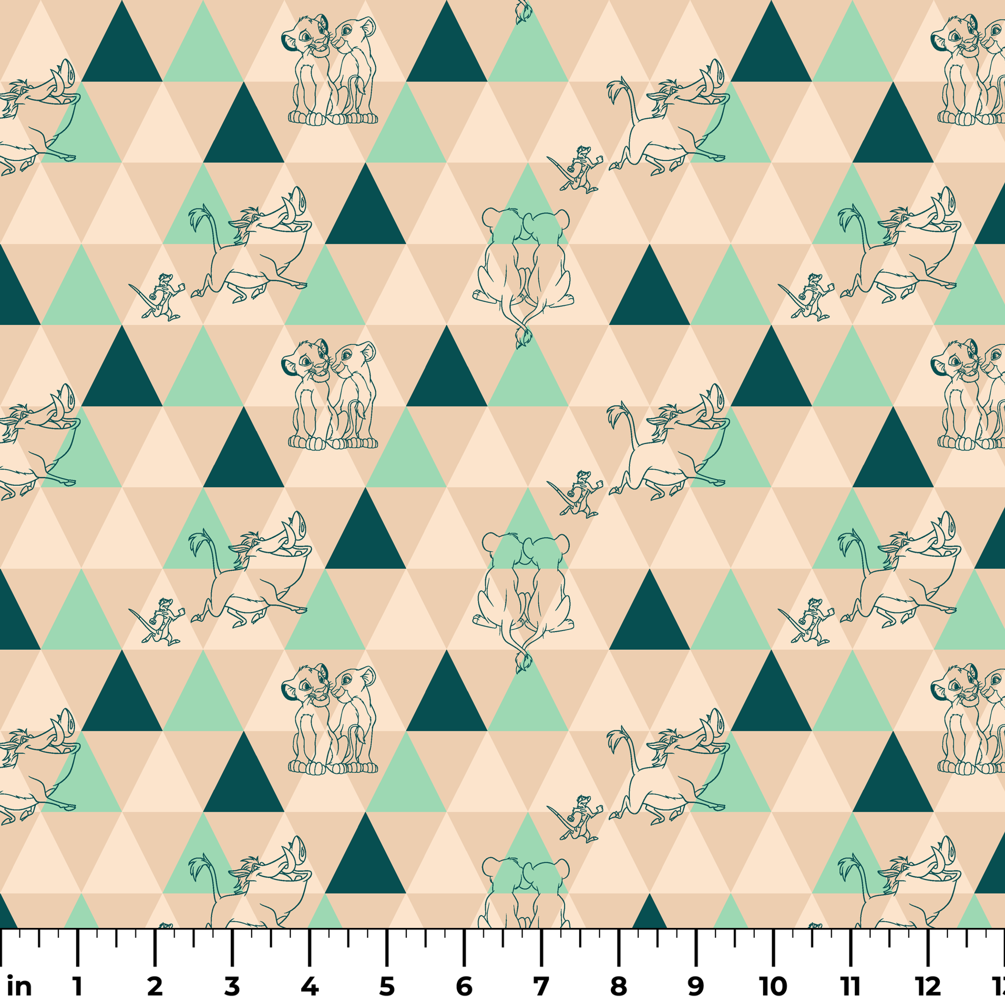 Geometric triangle pattern with stylized animal illustrations in teal and beige, featuring dogs, elephants, and other creatures. ruler