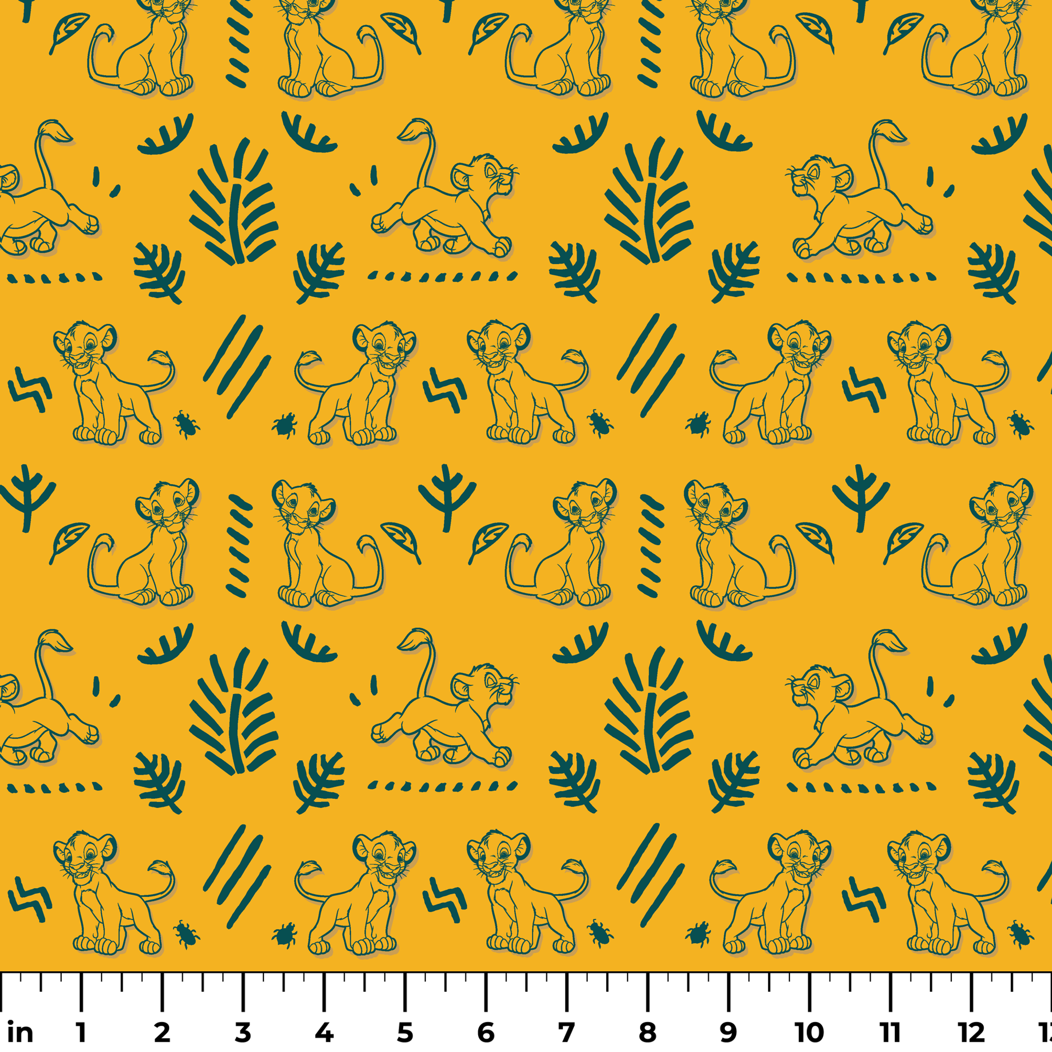 Pattern of cartoon lion cubs with green leaves and decorative elements on bright yellow background ruler