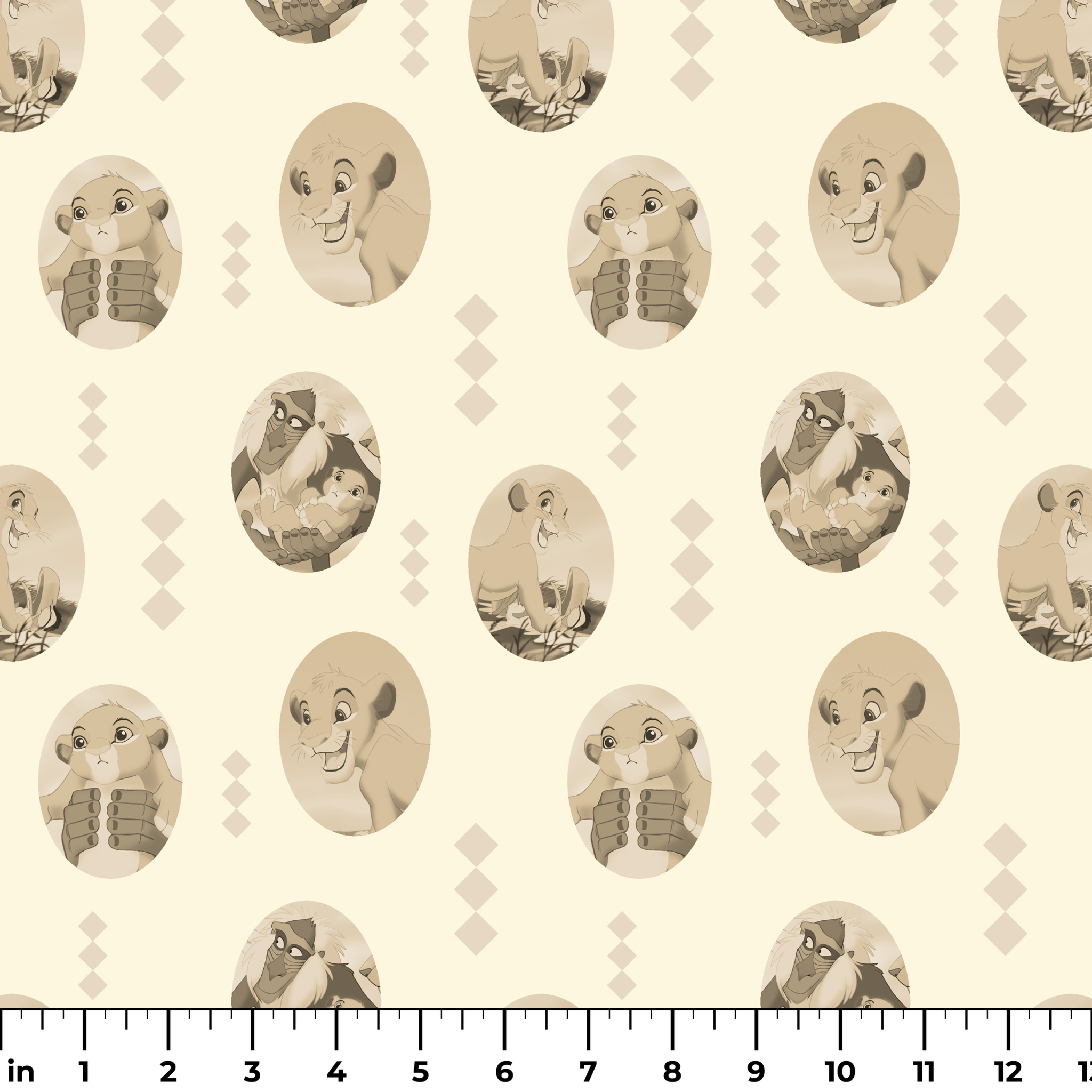 Lion King characters in sepia tone portraits on cream background with diamond pattern ruler