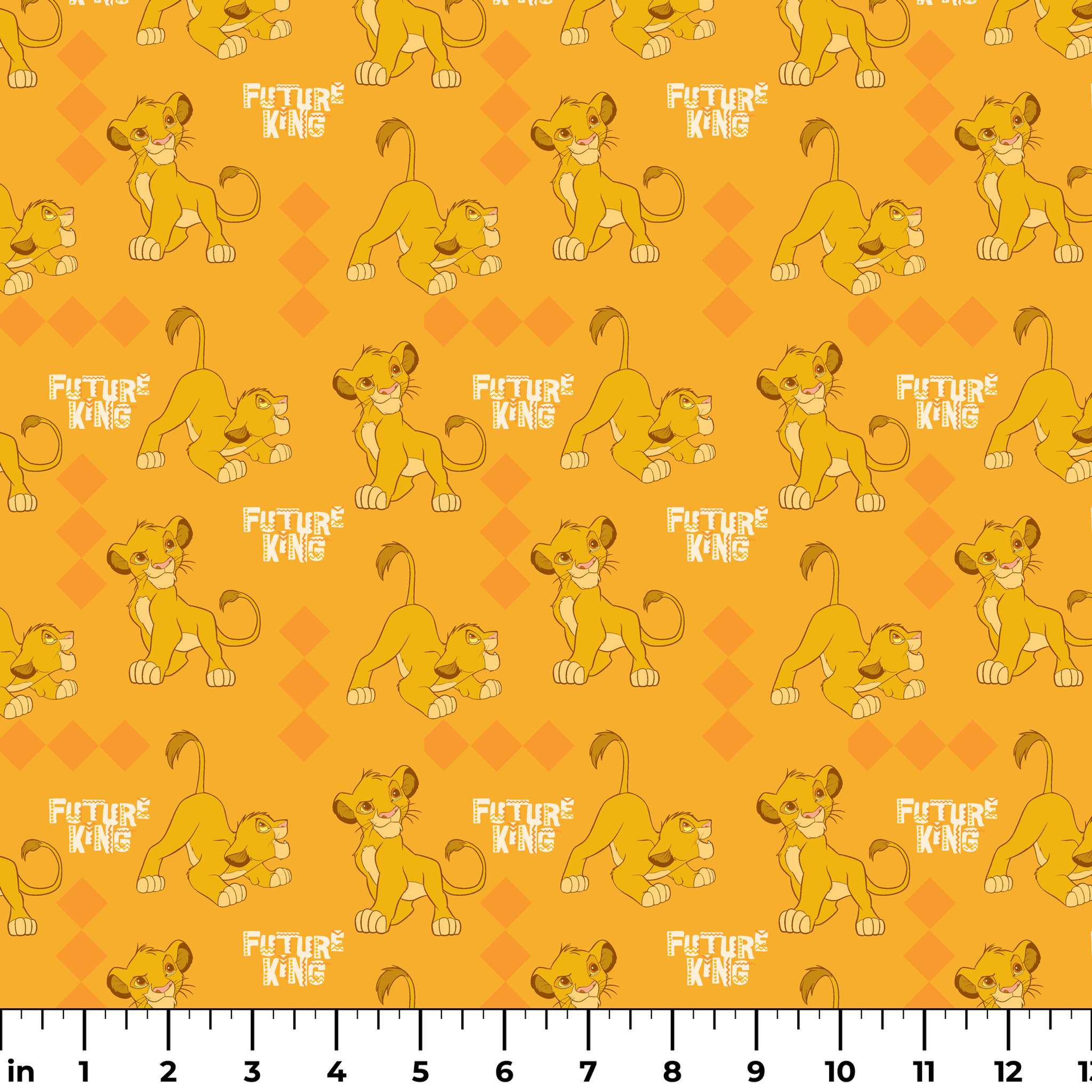 Young lion cub cartoon pattern on orange diamond background with "Future King" text ruler