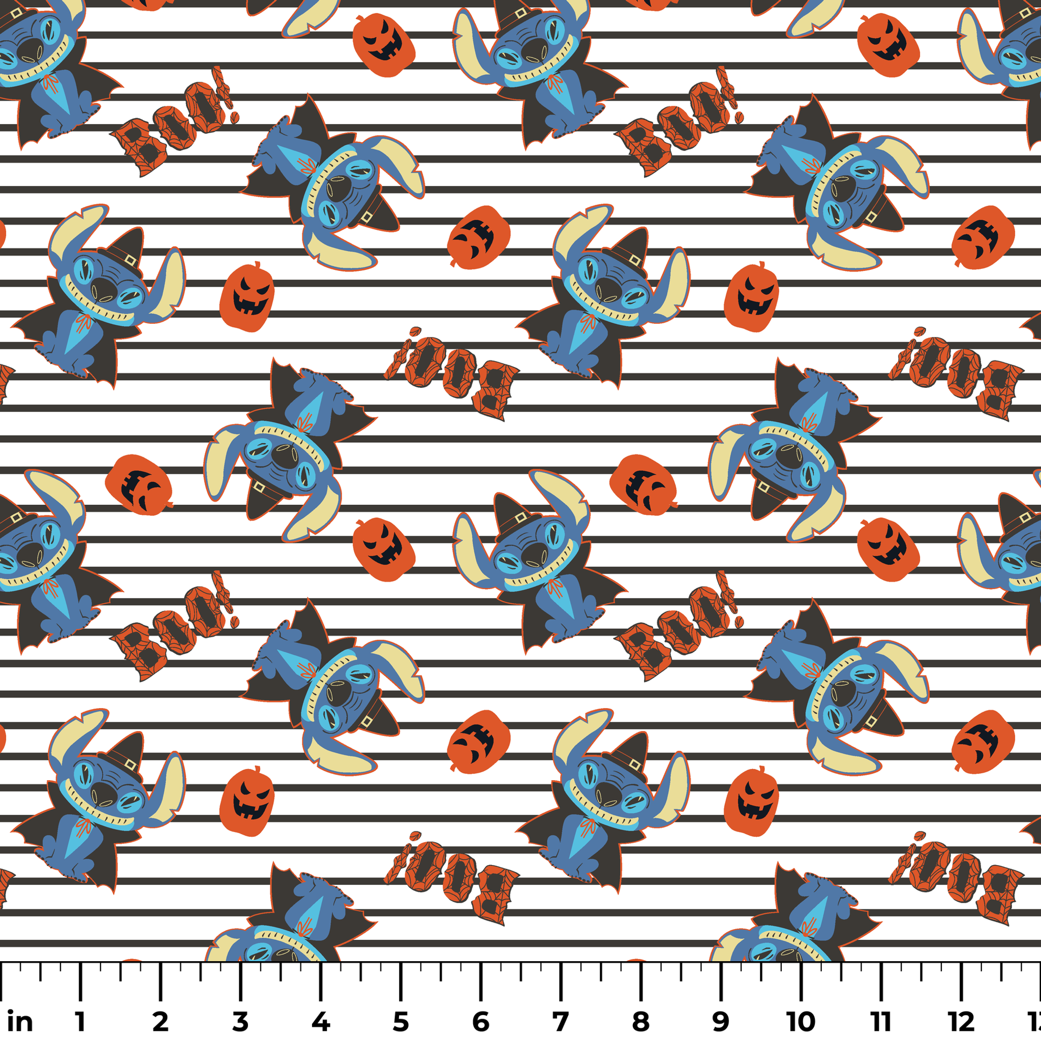 Disney's Stitch with witch hat alongside orange pumpkins on black and white striped background ruler