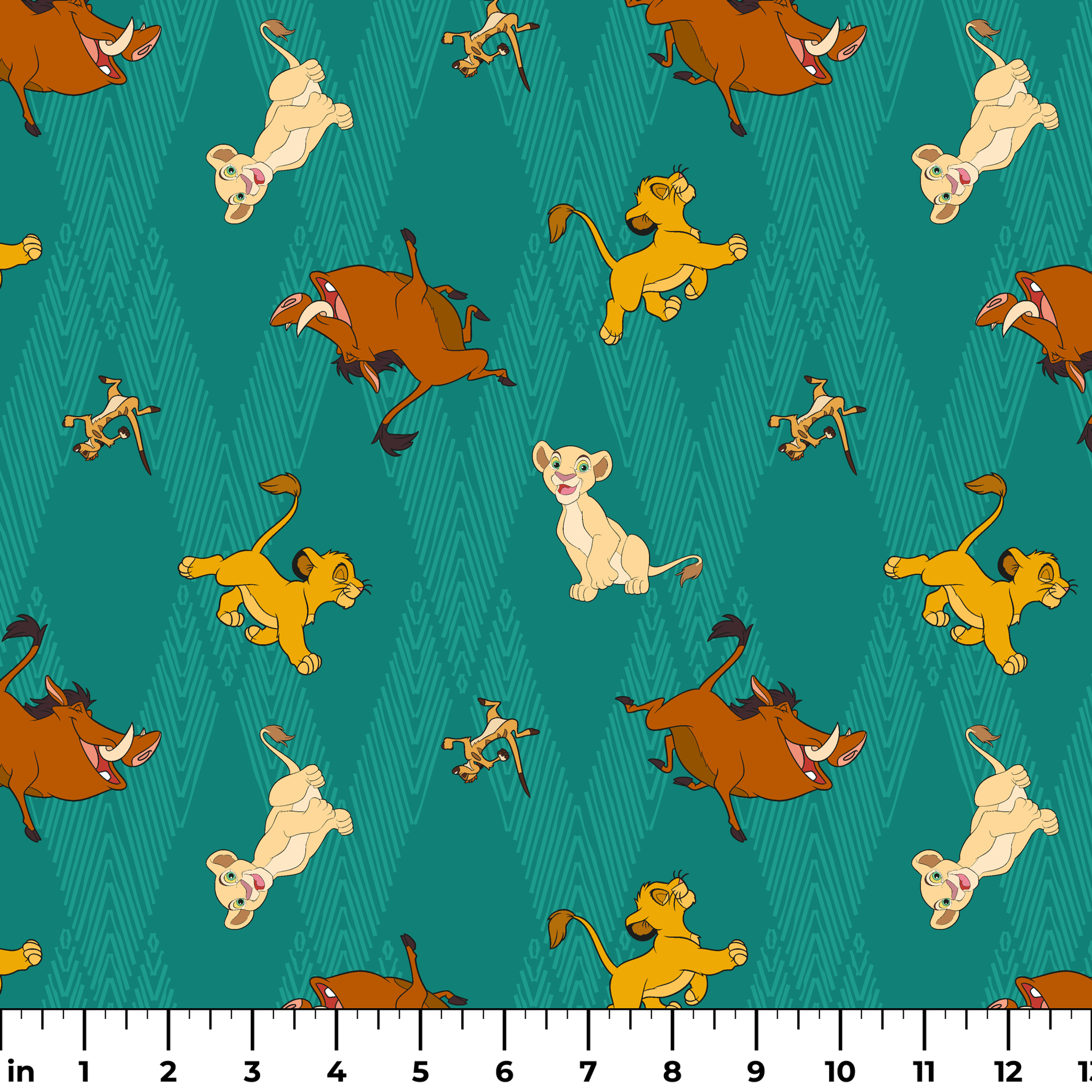 Lion cubs in various poses on teal zigzag background; yellow, cream, and brown lions jumping and sitting ruler