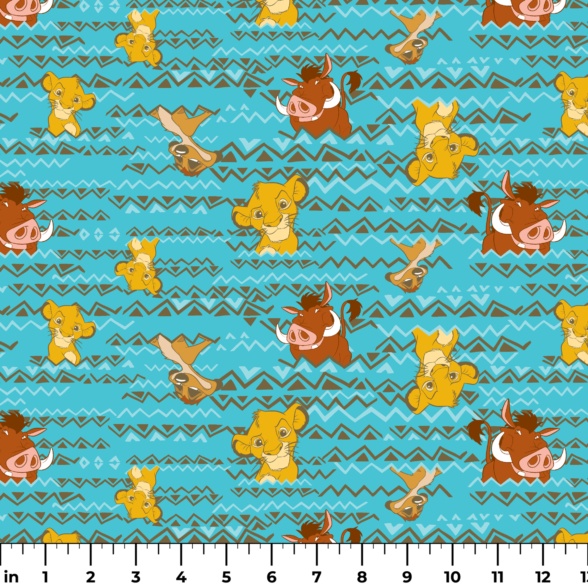 Lion King themed pattern with Simba and Timon characters on turquoise blue background with zigzag stripes ruler