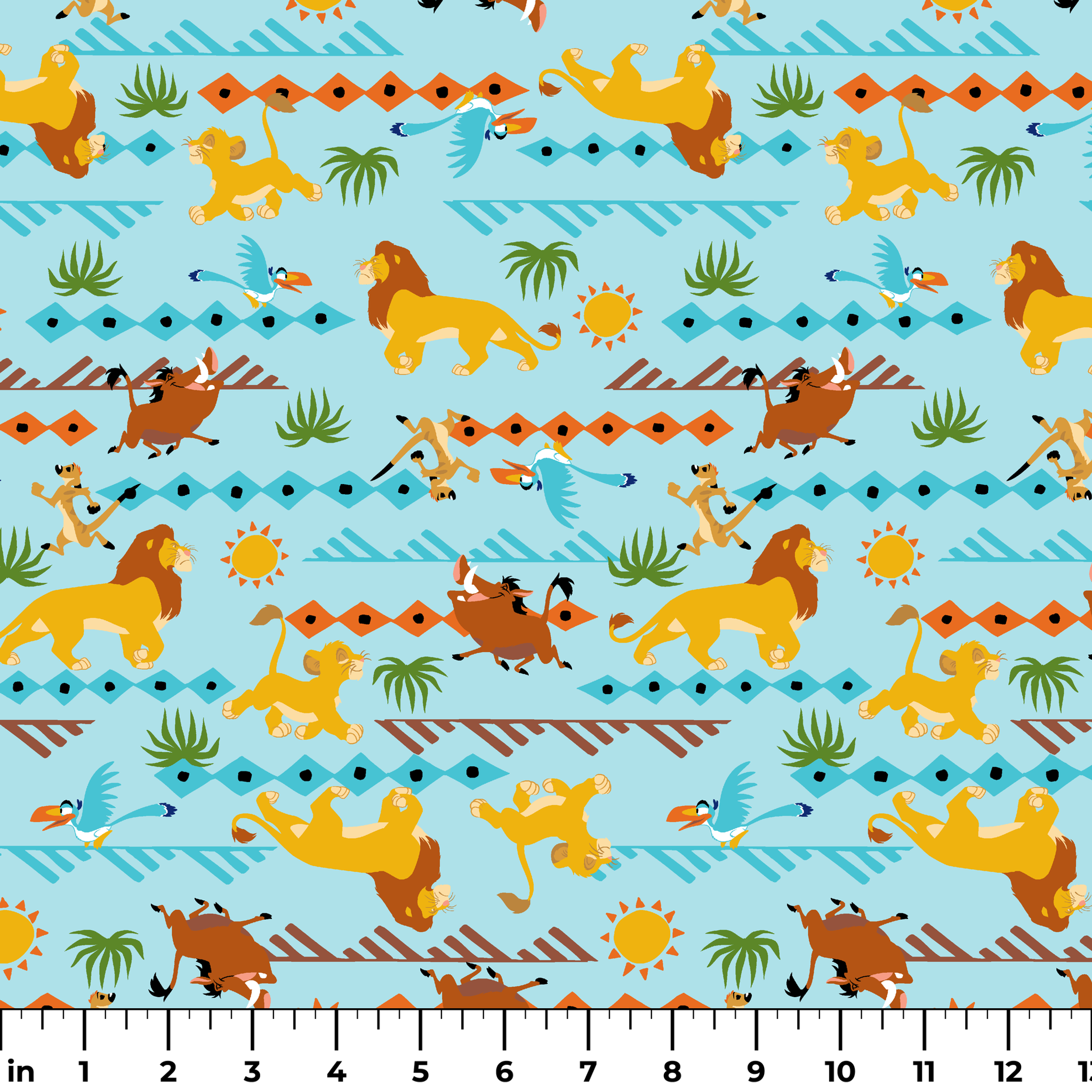 Colorful pattern with cartoon lions, palm trees, and sun designs on a light blue background ruler