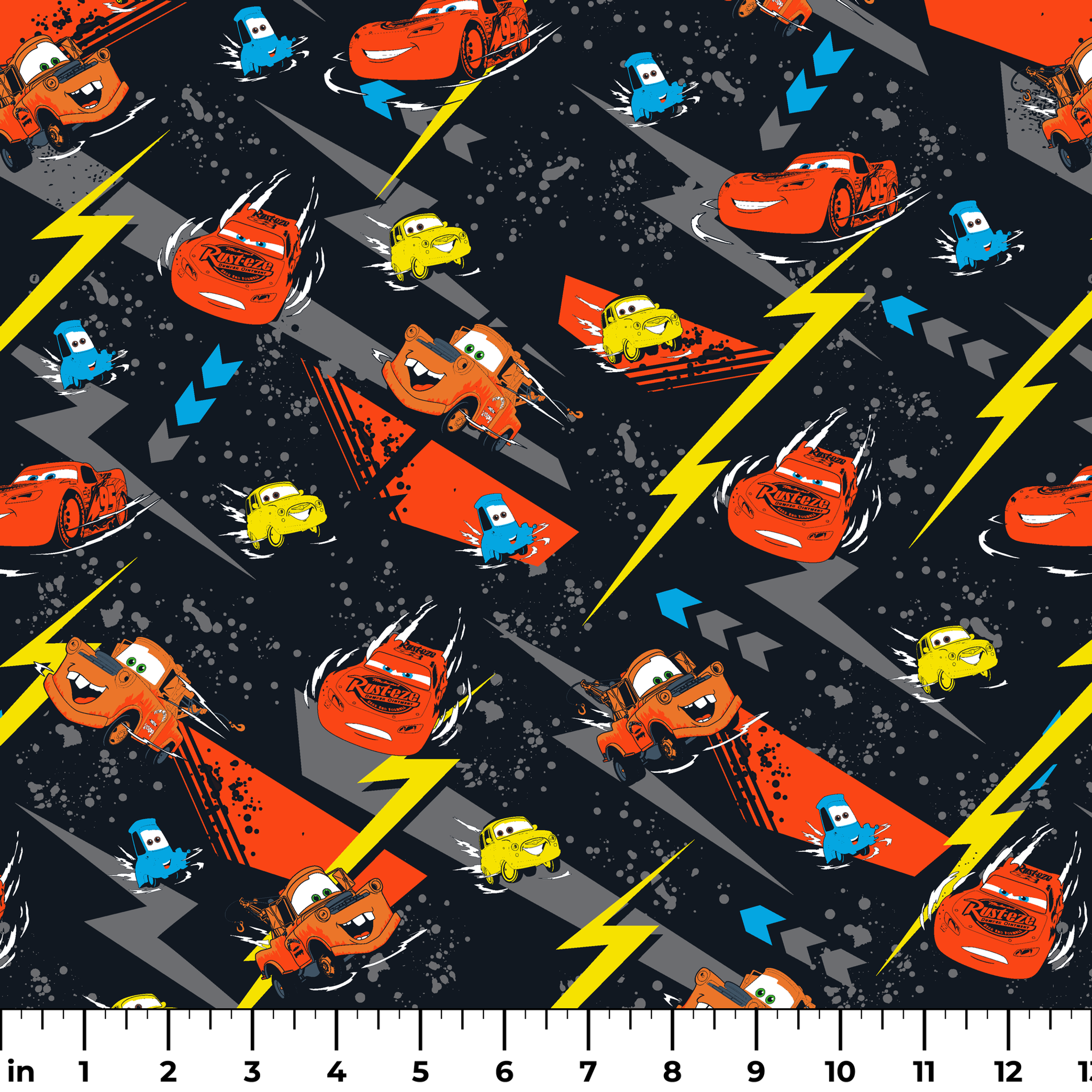 Pattern of animated red race cars with lightning bolt designs on dark background with yellow lightning strikes and blue accents ruler