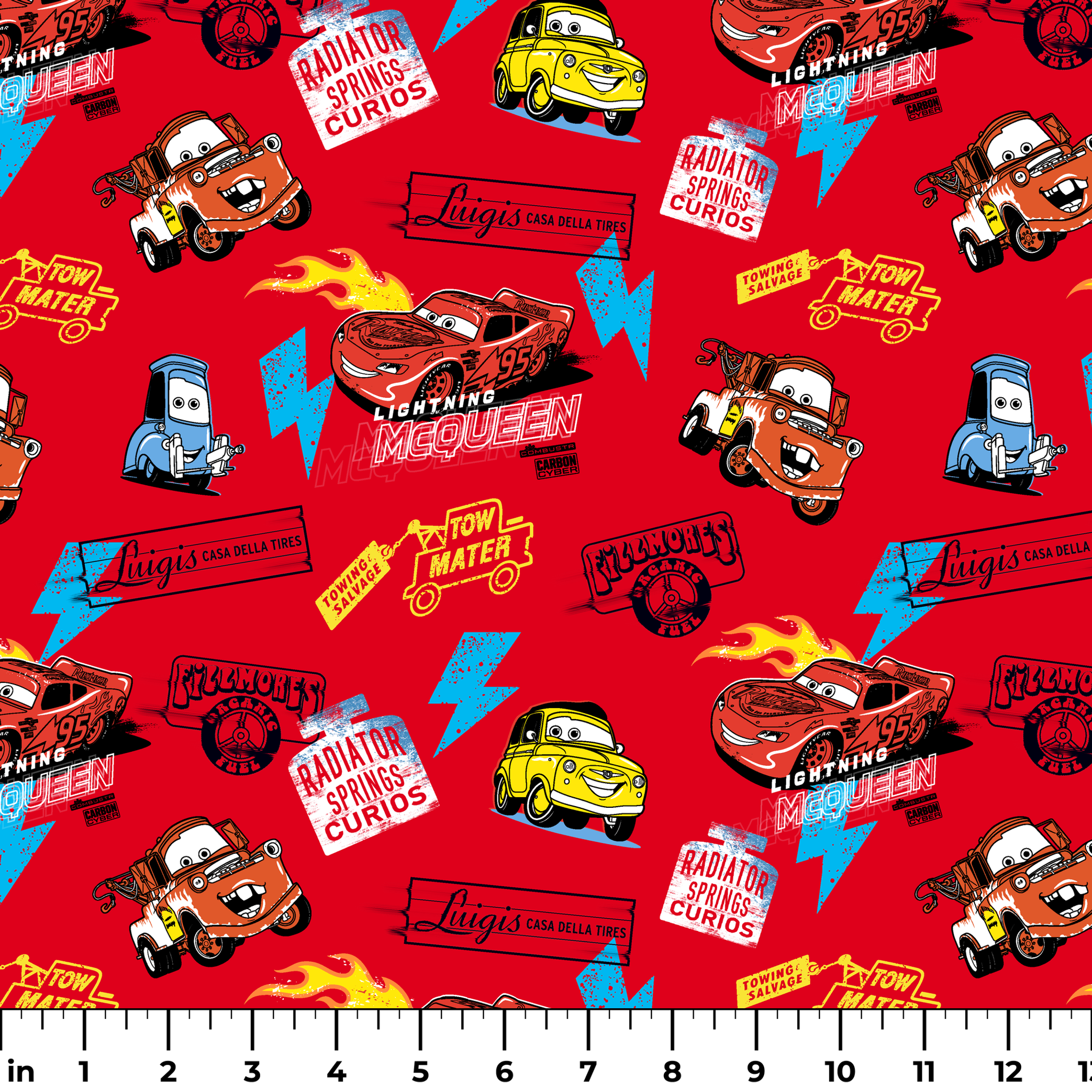 Colorful Disney Cars pattern featuring Lightning McQueen and Mater on vibrant red background with logos ruler