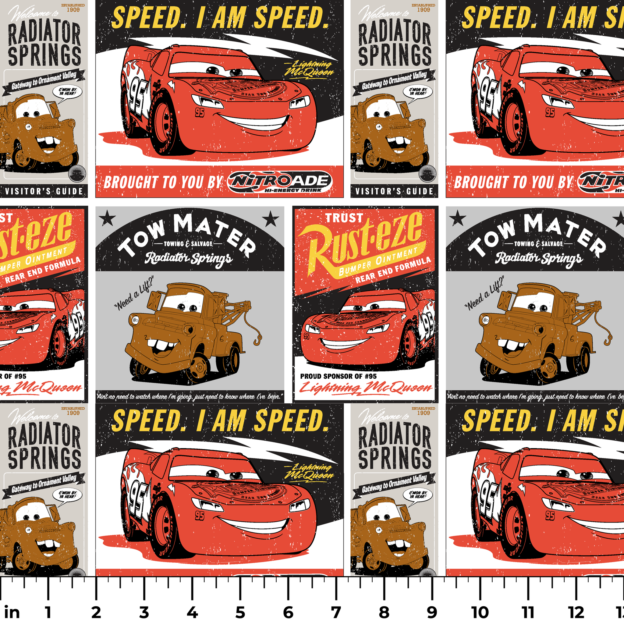 Cars merchandise posters featuring red race car saying "Speed. I am speed." and brown tow truck character with "Tow Mater" in vintage advertising style ruler