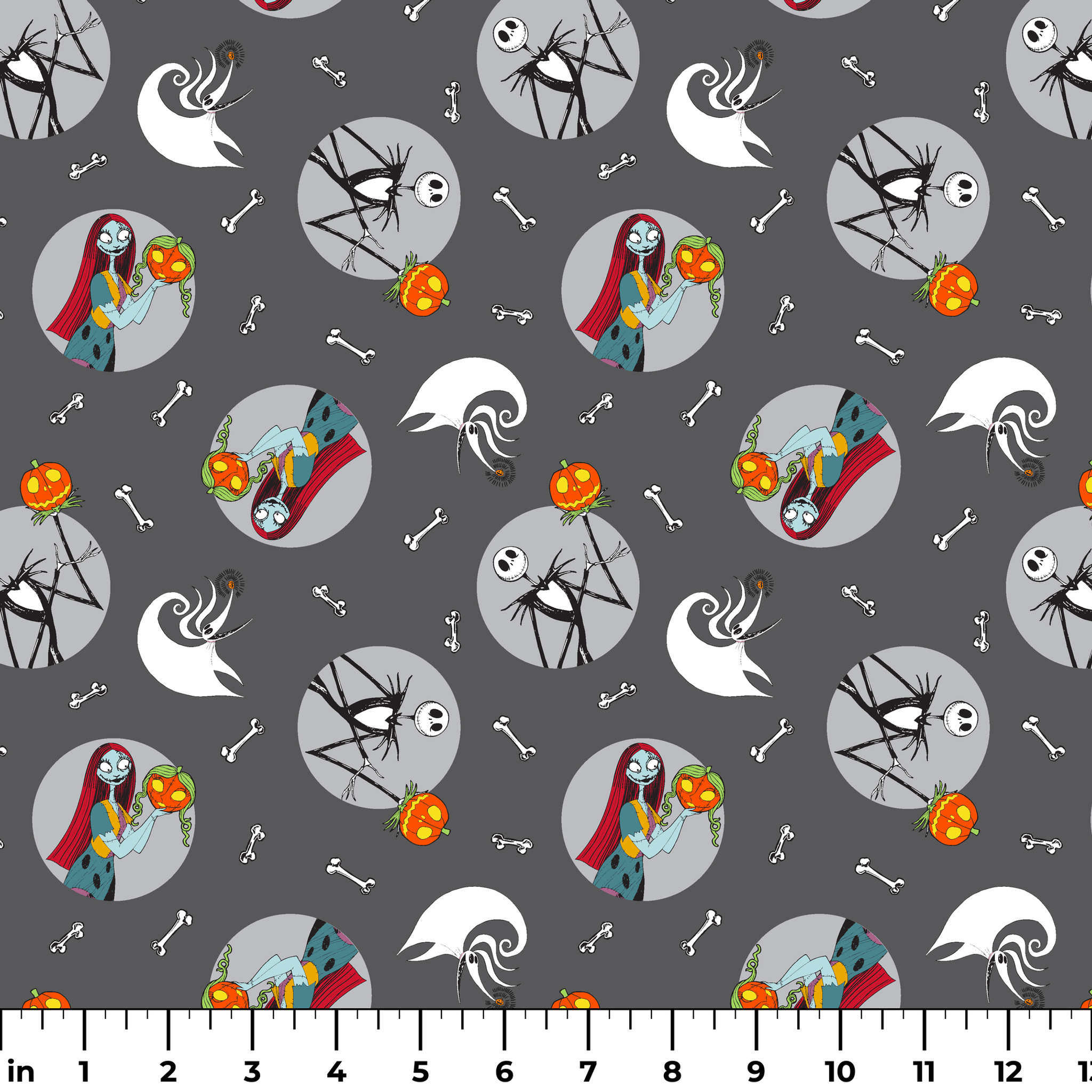 Nightmare Before Christmas themed pattern with Sally and Jack Skellington, pumpkins, bones, and ghostly designs on gray background ruler