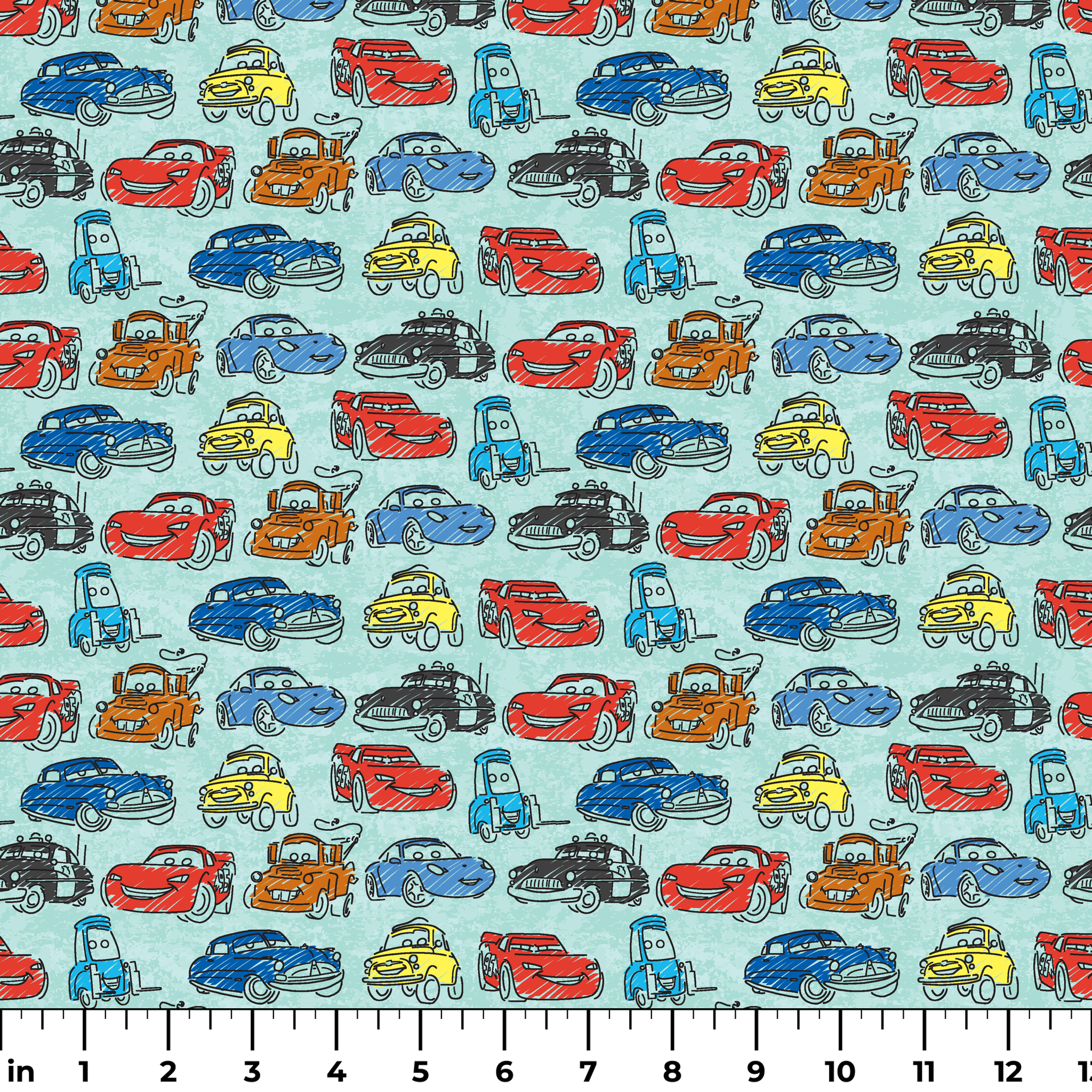 Colorful cartoon cars pattern including red racecars, blue sedans, yellow coupes, and tow trucks on light blue background ruler