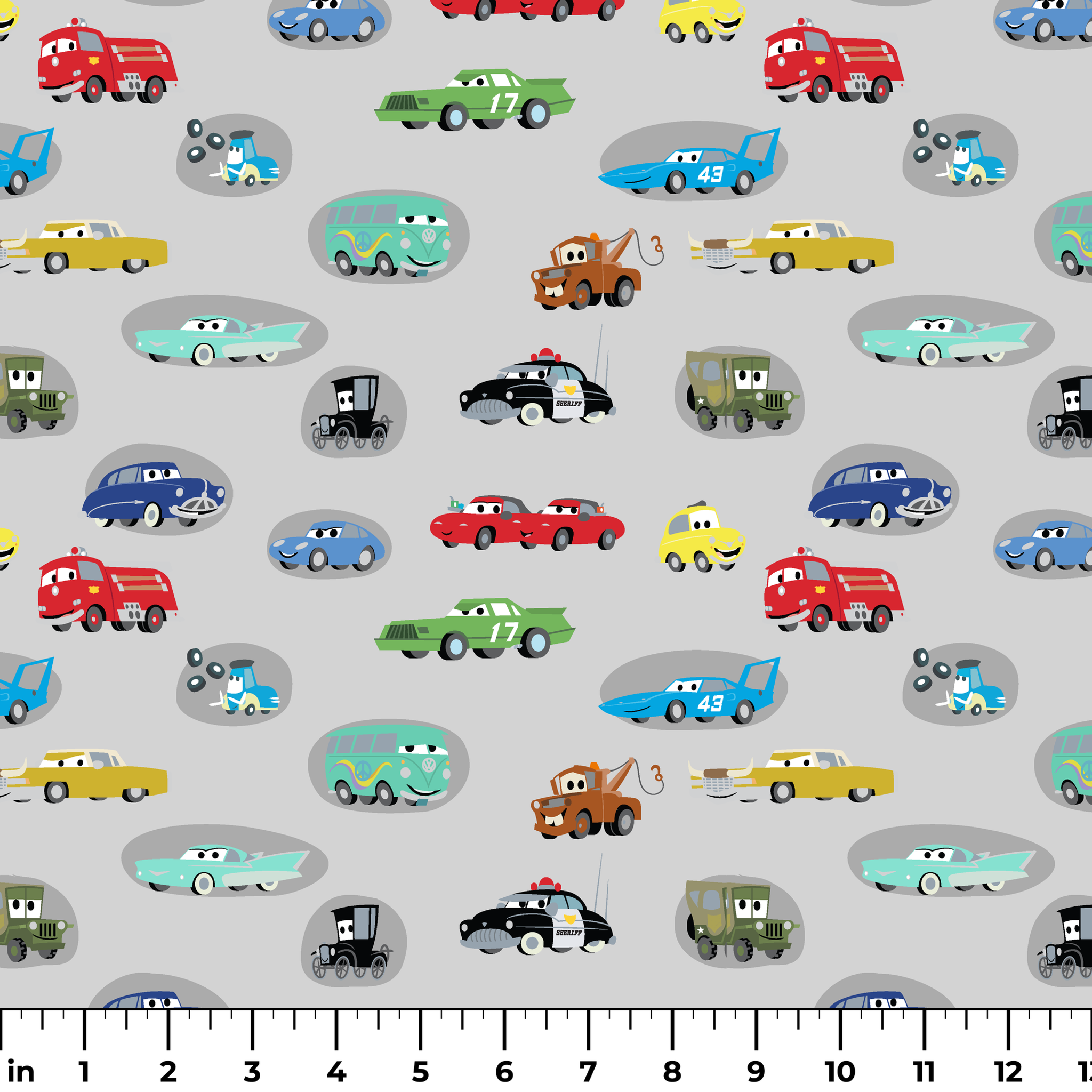 Various cartoon toy cars and vehicles in different colors (red, blue, green, yellow) displayed against a gray background with cute animated faces. ruler