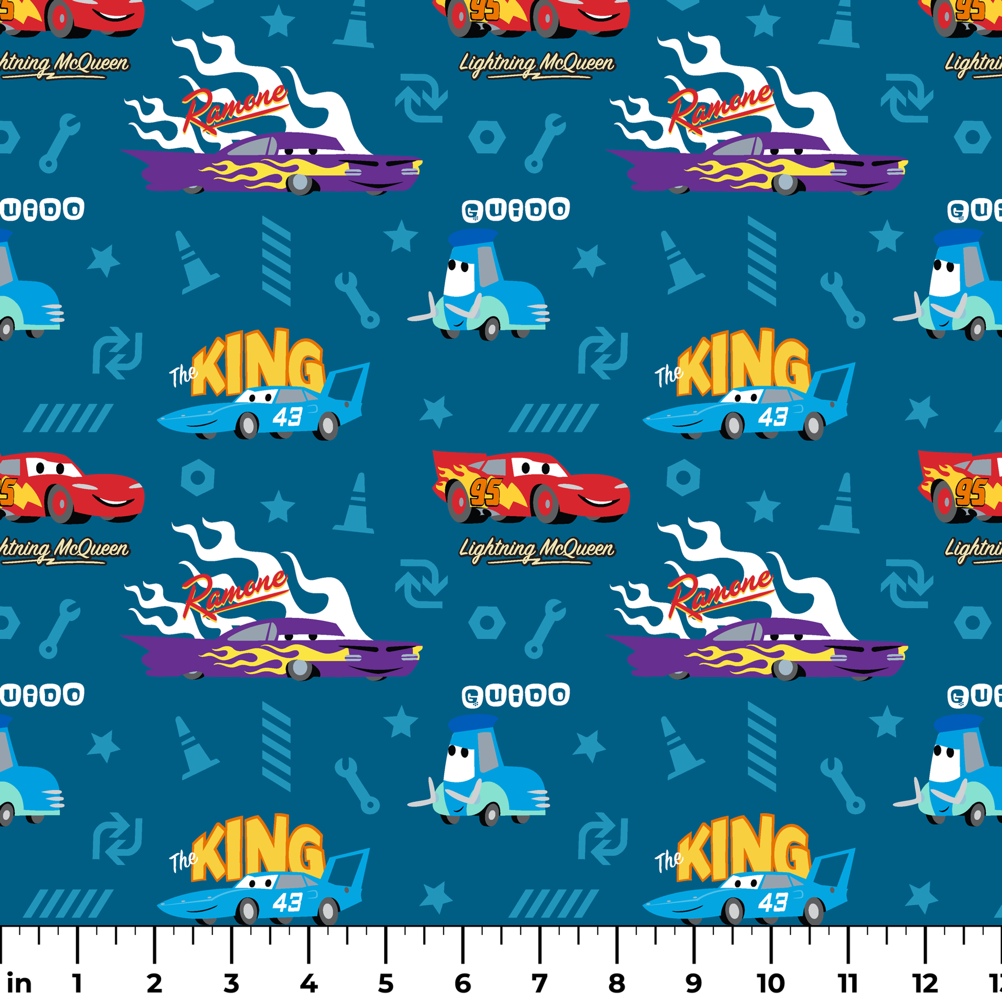 Disney Cars pattern featuring Lightning McQueen, Ramone's purple car with flames, and The King 43 on blue background with racing icons ruler
