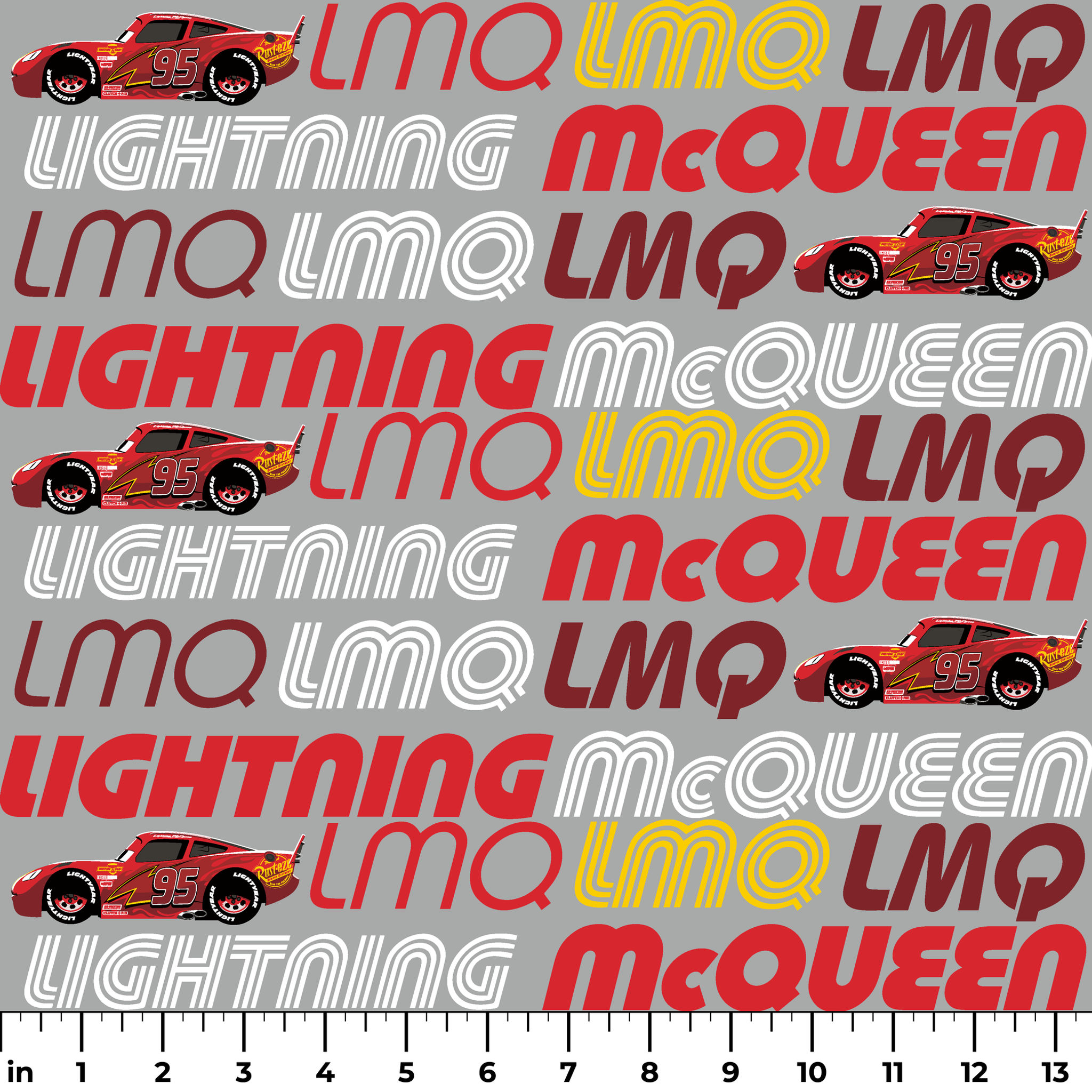 Lightning McQueen race car graphic with repeating LMQ text in red, yellow, and white on gray background ruler