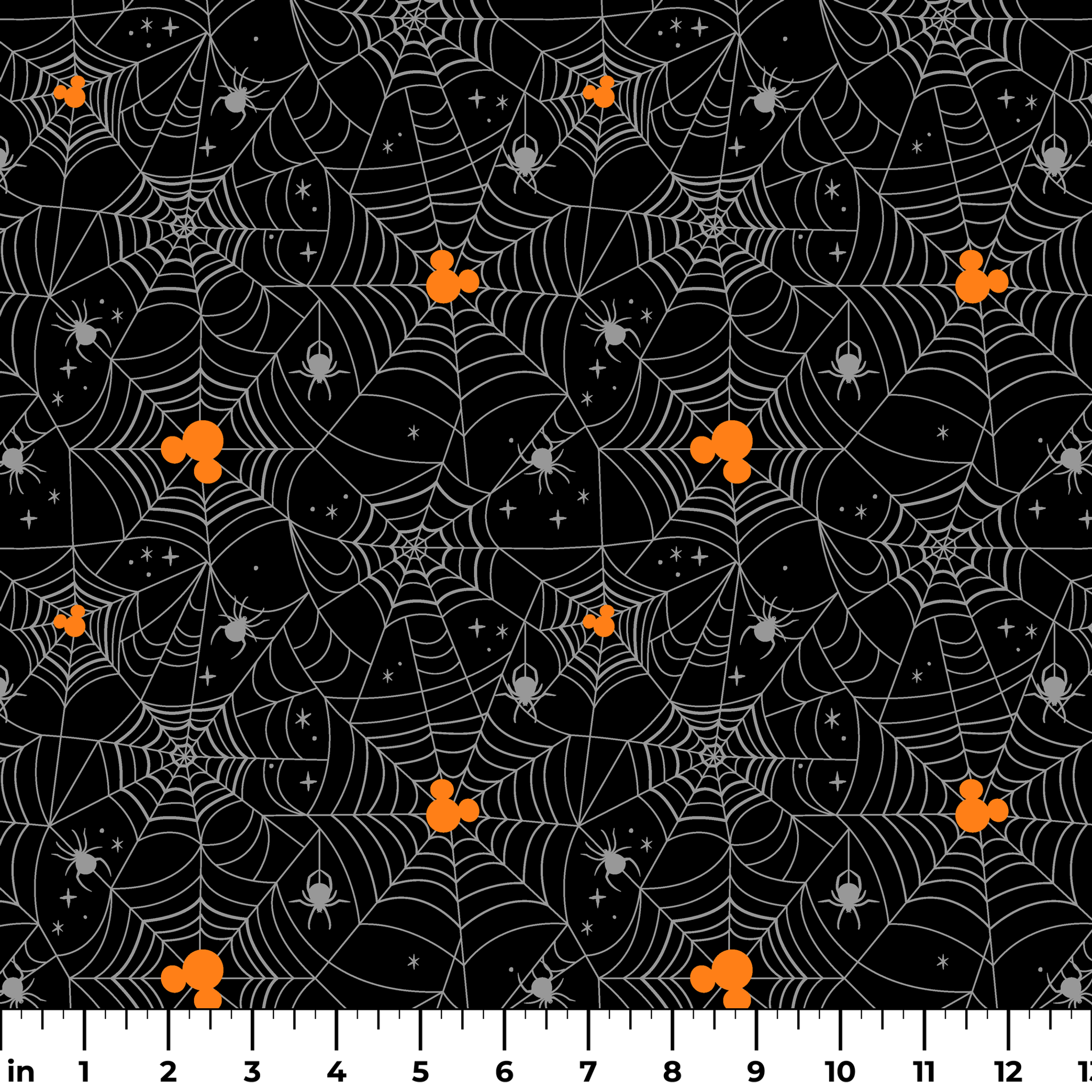 Spooky Halloween pattern with white spiderwebs, orange Mickey Mouse heads, and gray spiders on black background ruler