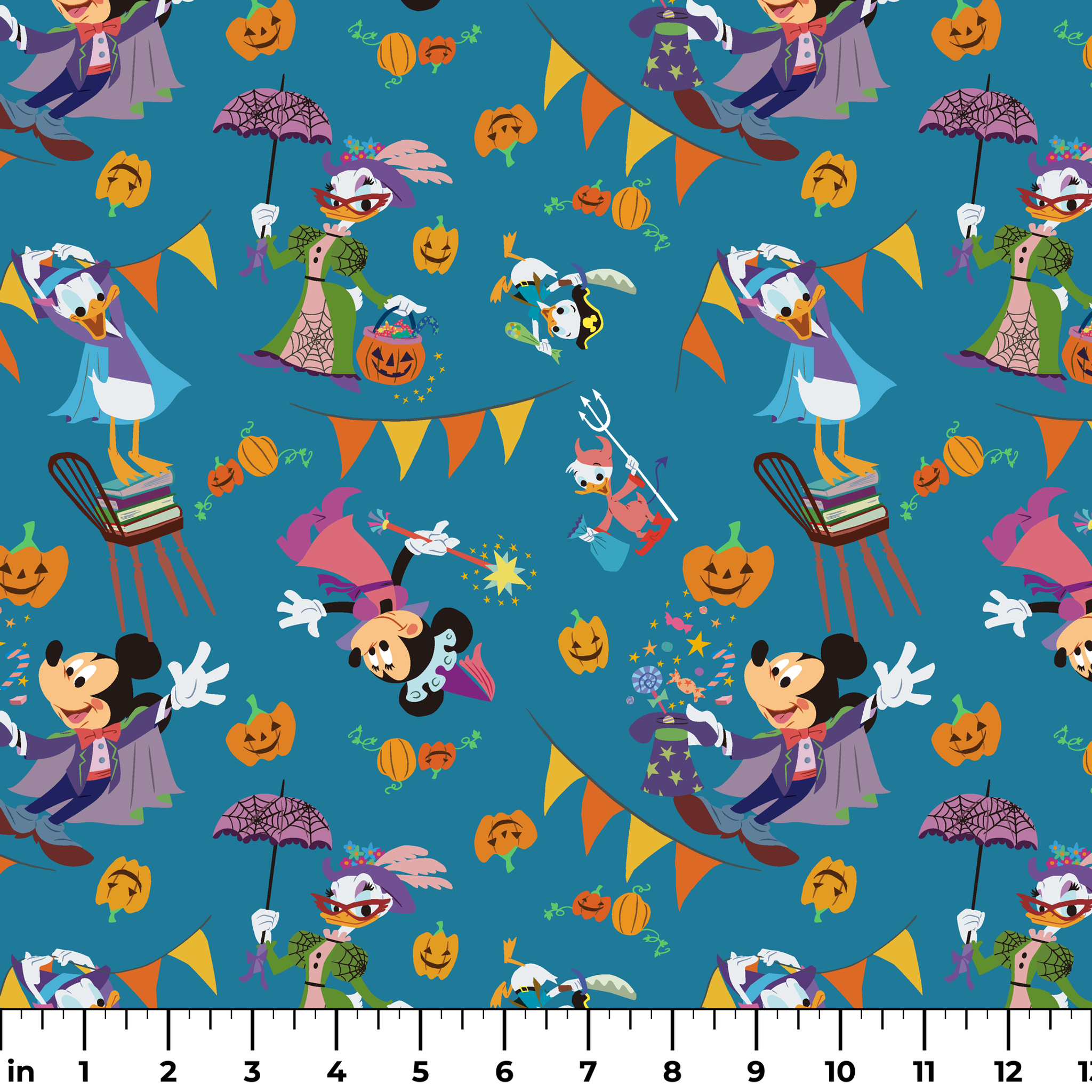 Whimsical Halloween pattern with Disney characters in costumes, pumpkins, and orange bunting on teal background. ruler