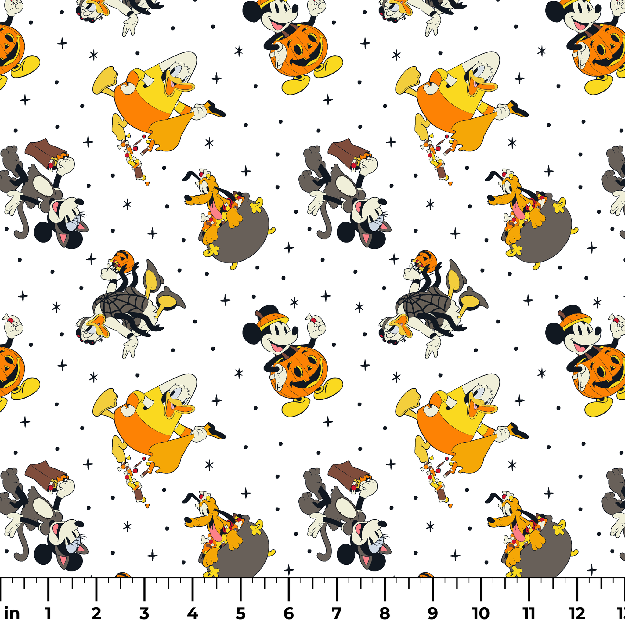 Disney characters in Halloween costumes on white background with stars - Mickey, Pluto, and friends in festive attire ruler