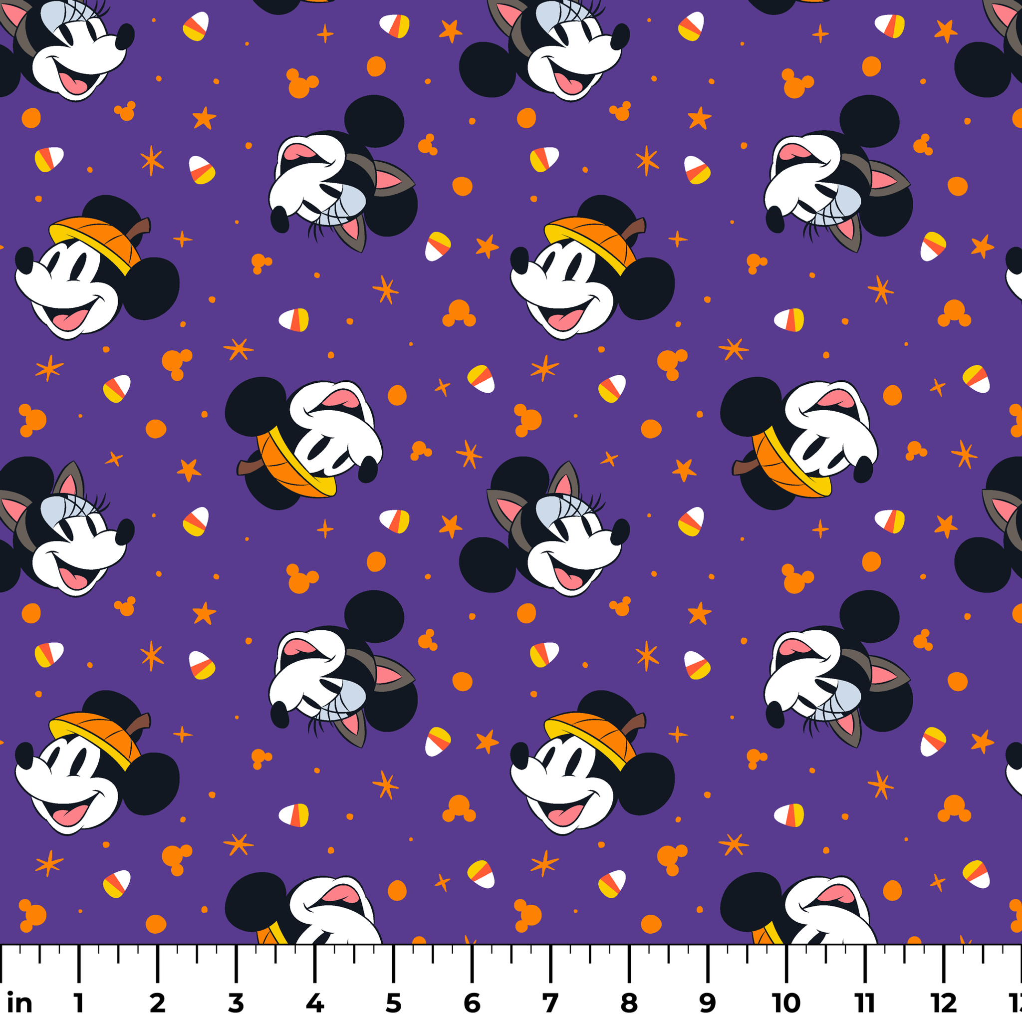 Mickey Mouse Halloween pattern with candy corn and stars on purple background ruler