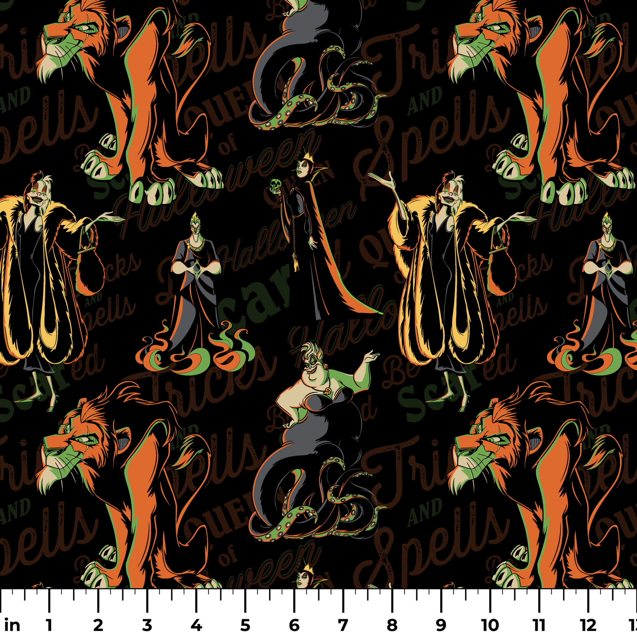 Dark background with Disney Villains in orange, green, and yellow silhouettes arranged in a repeating pattern ruler