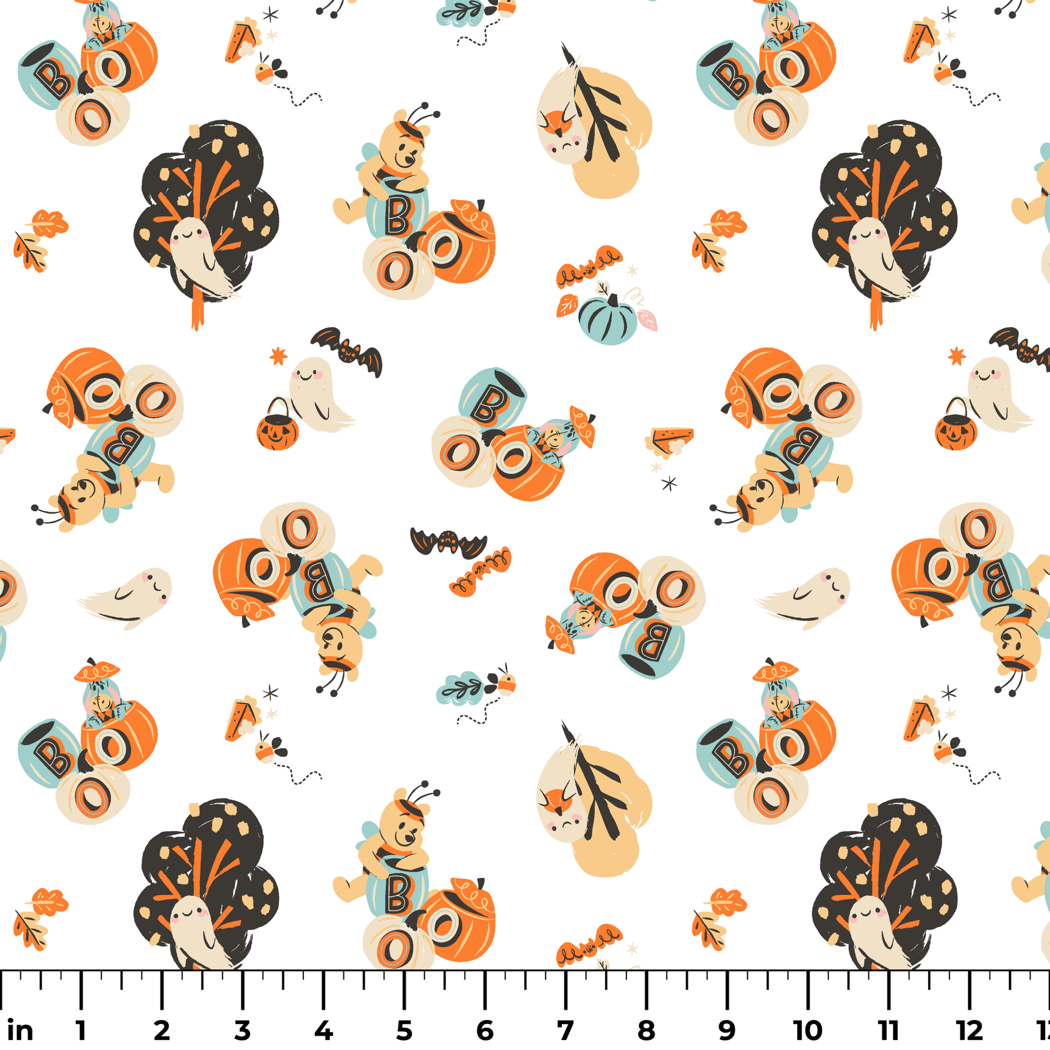 Halloween-themed pattern with Winnie the Pooh characters, pumpkins, and autumn motifs in orange, teal and black on white background. ruler