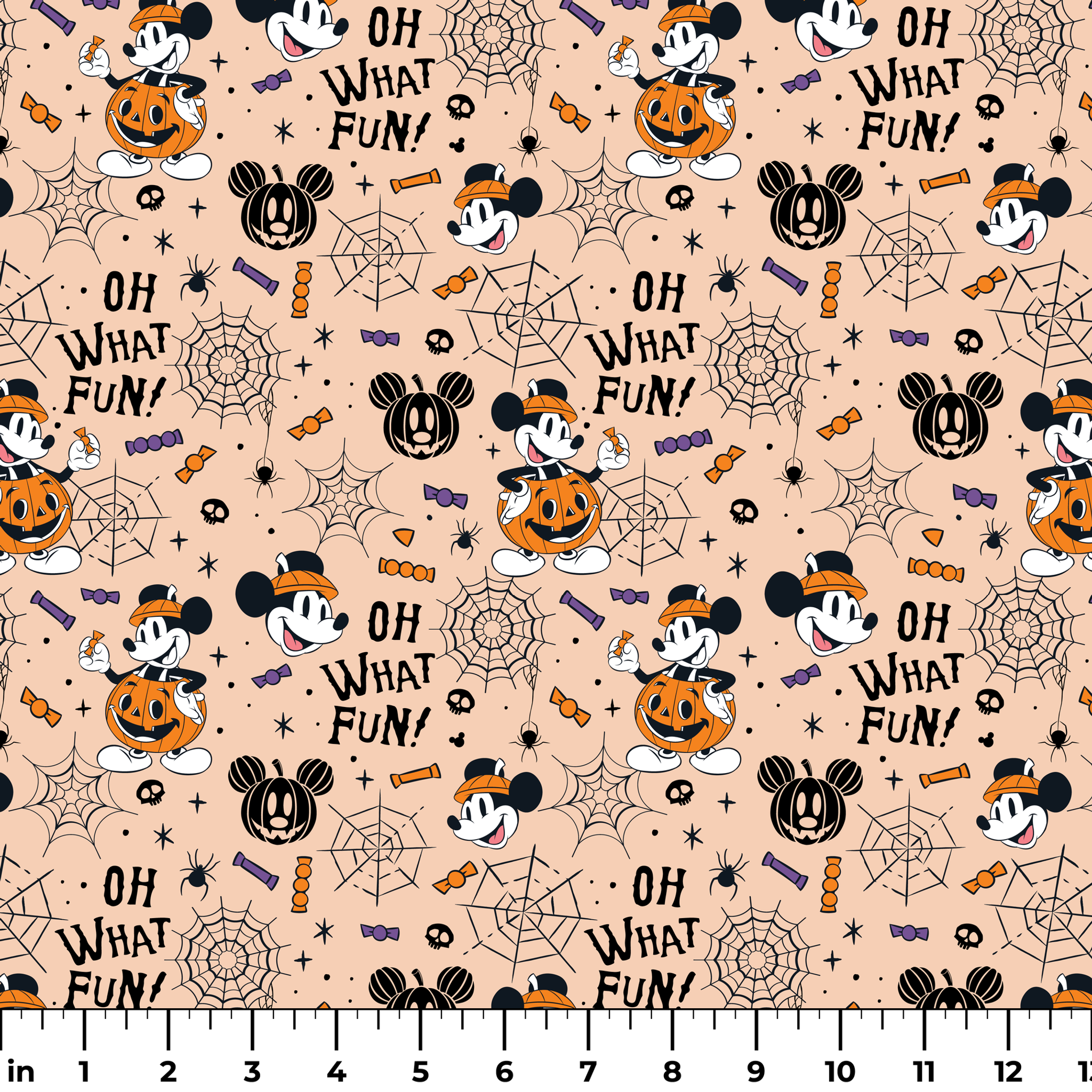 Halloween Mickey Mouse pattern with "OH WHAT FUN!" text, pumpkins, spiderwebs, and candy on beige background ruler
