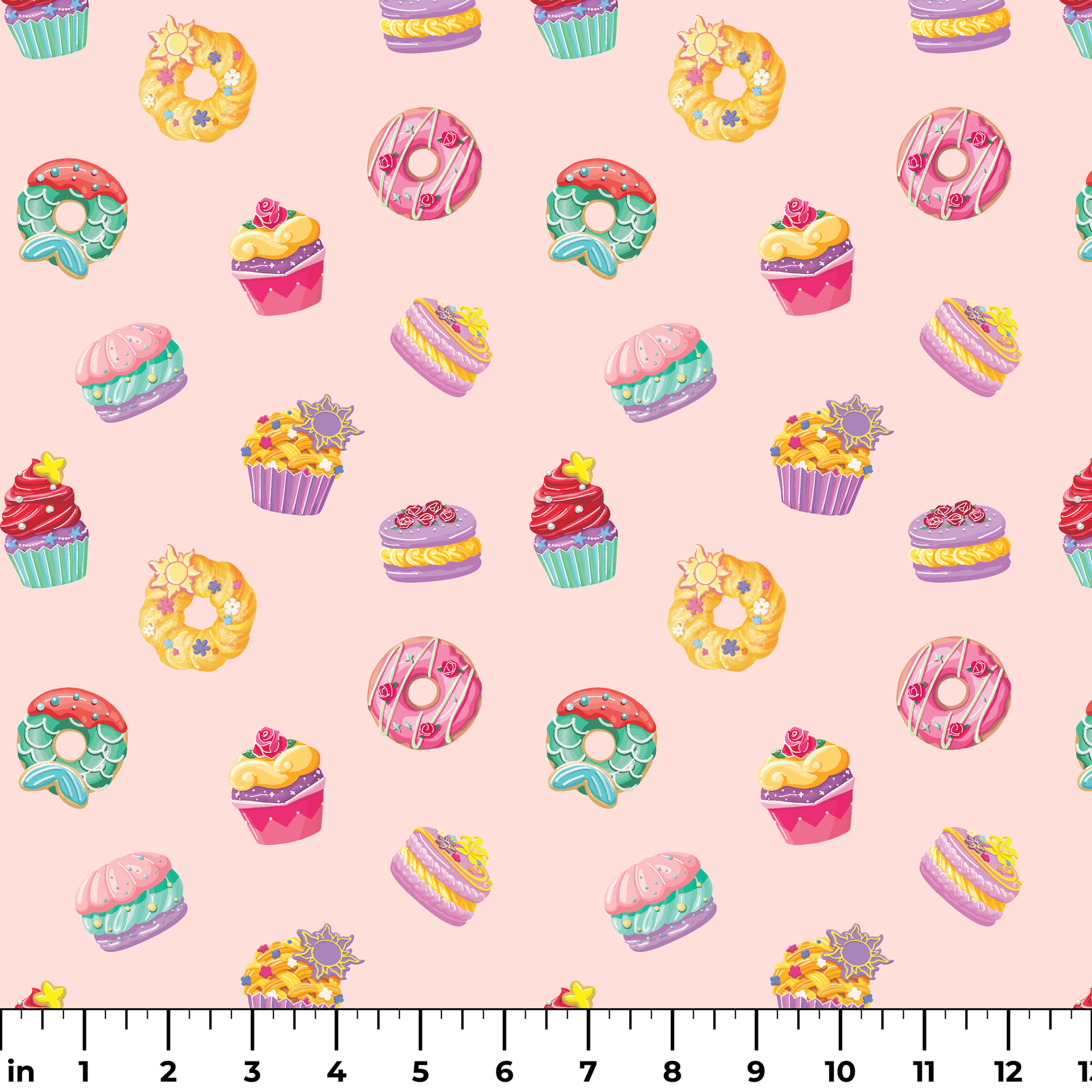 DIsney Princess-inspired dessert pattern with donuts, cupcakes, and macarons on a light pink background ruler