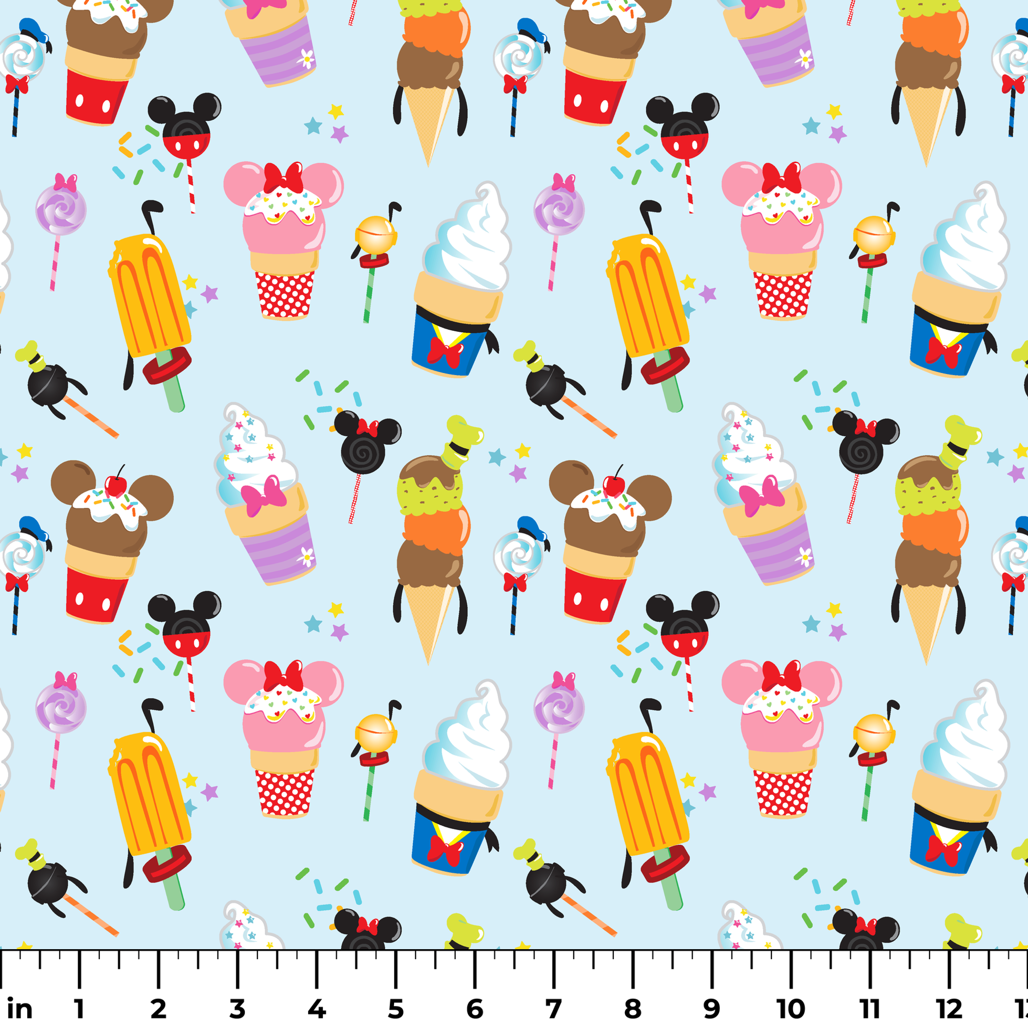 Disney-themed ice cream and sweet treats pattern with Mickey and Minnie icons on light blue background ruler