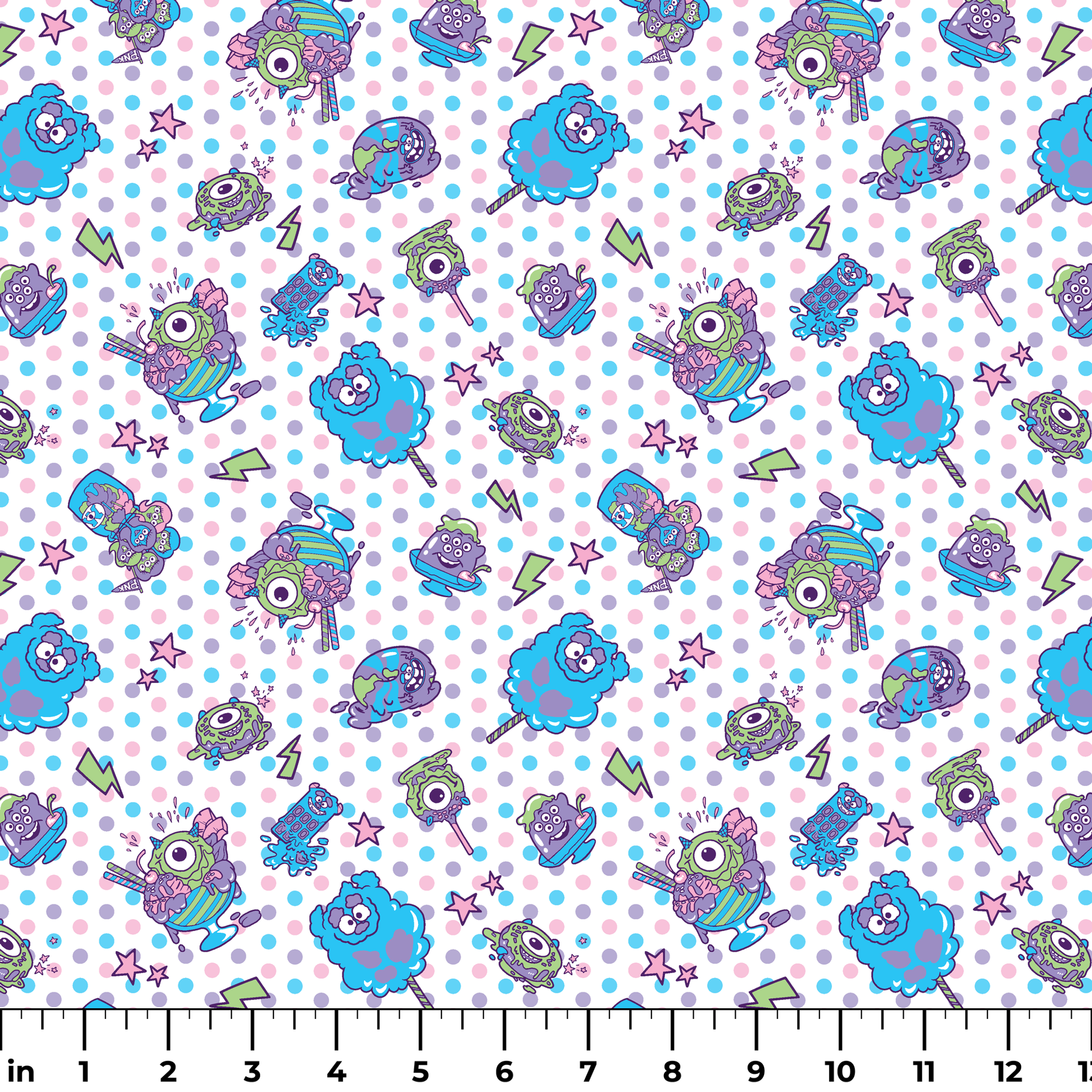 Monsters Inc inspired desserts, stars and lightning bolts on polka dot background ruler