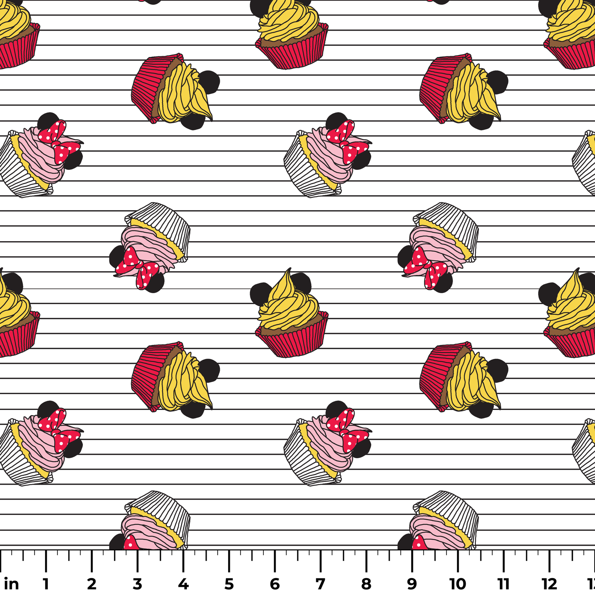 Colorful cartoon cupcakes with Mickey Mouse ears and bows scattered on striped background ruler