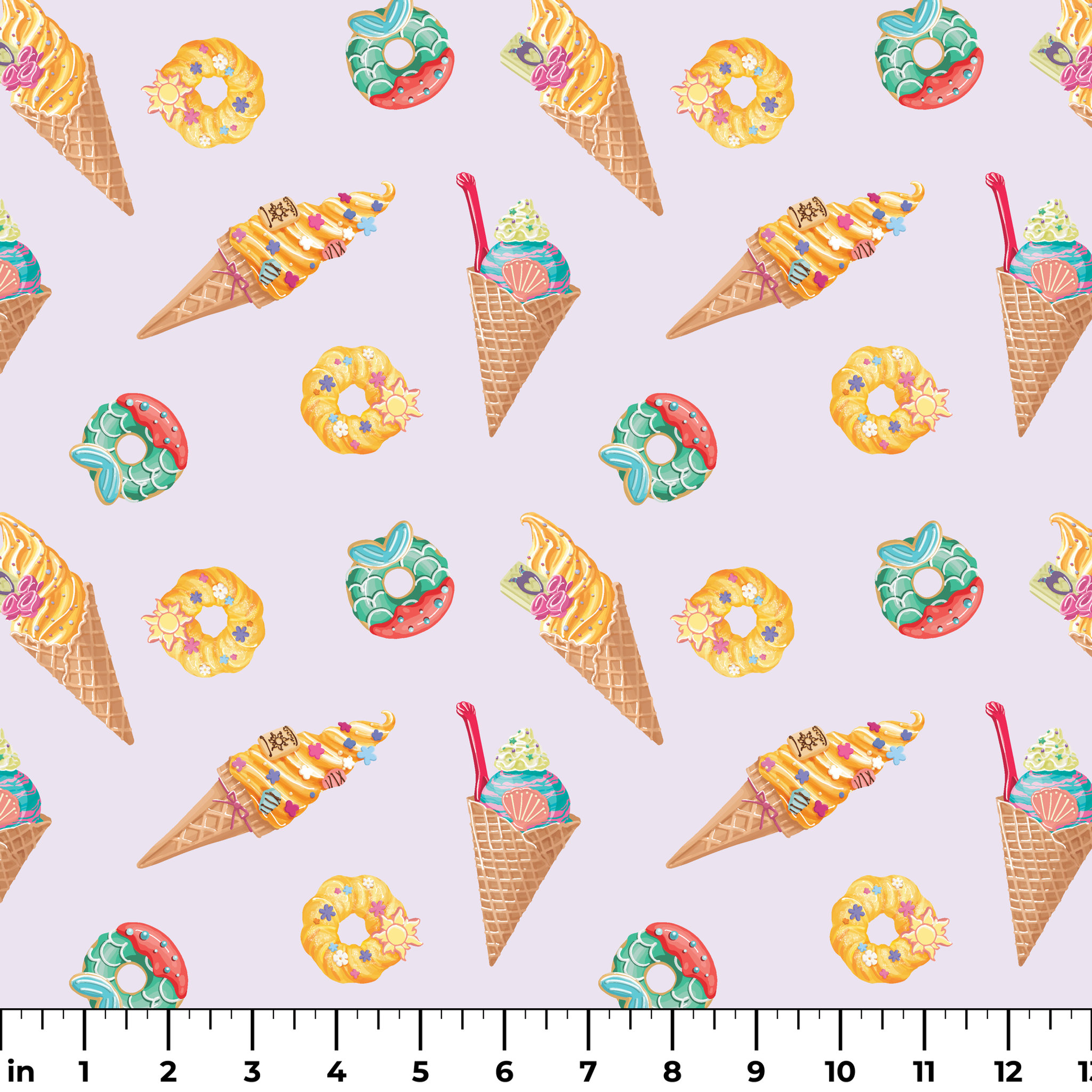 Colorful Disney Princess-inspired ice cream cones and donuts in pastel colors on light purple background ruler
