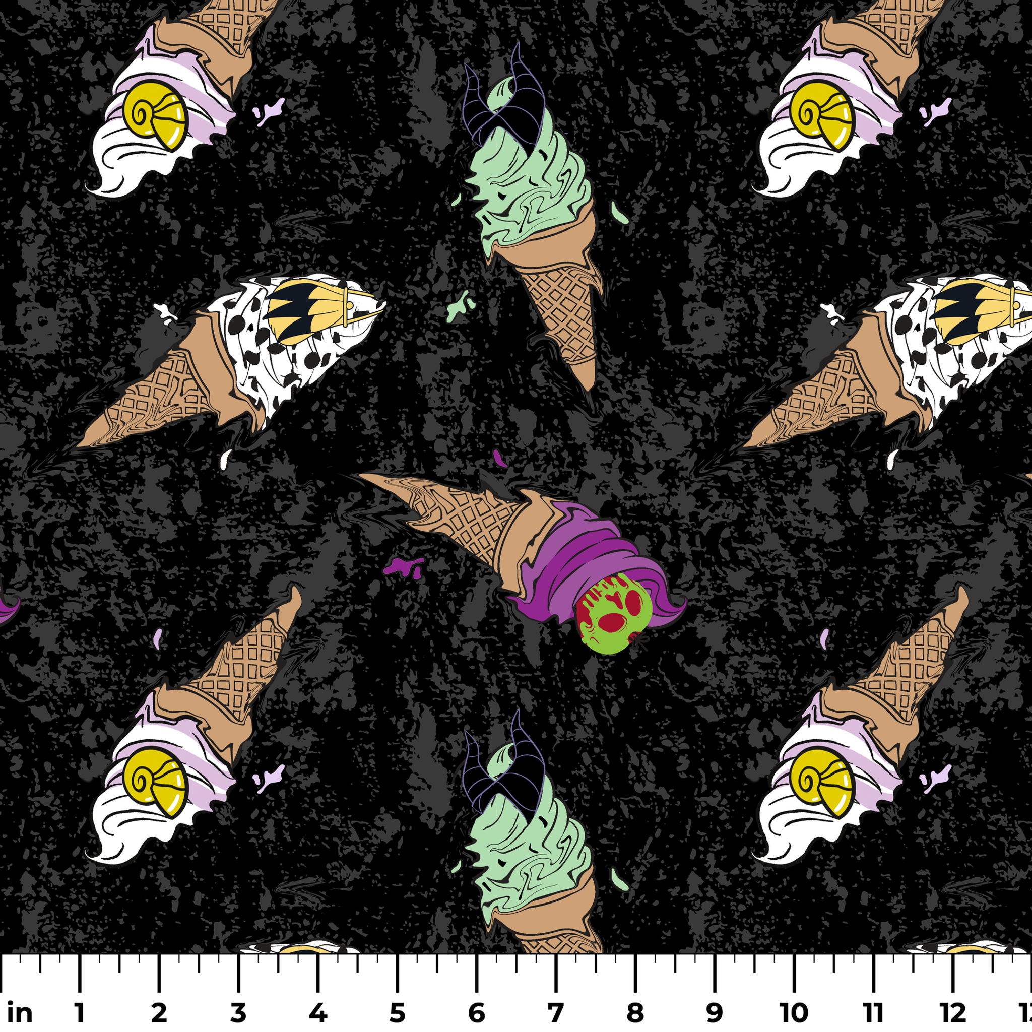 Disney Villain-inspired ice cream cones on black background ruler