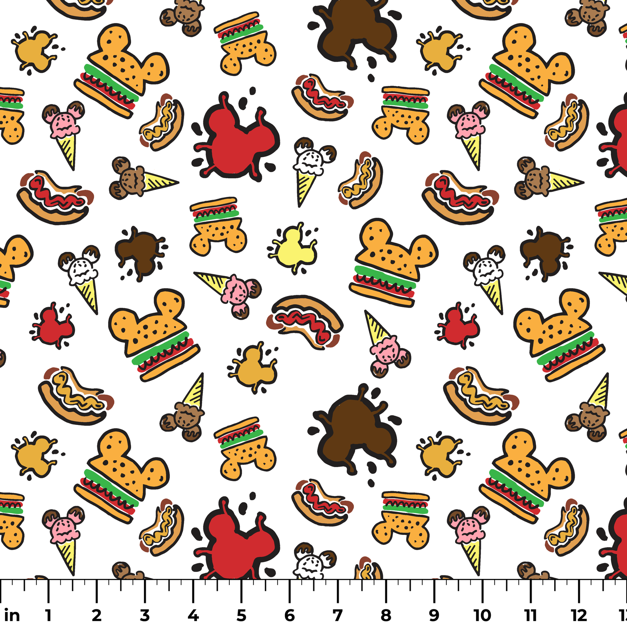 Colorful Disney theme park food icons including Mickey-shaped burgers, ice cream cones, hot dogs and apples on white background ruler