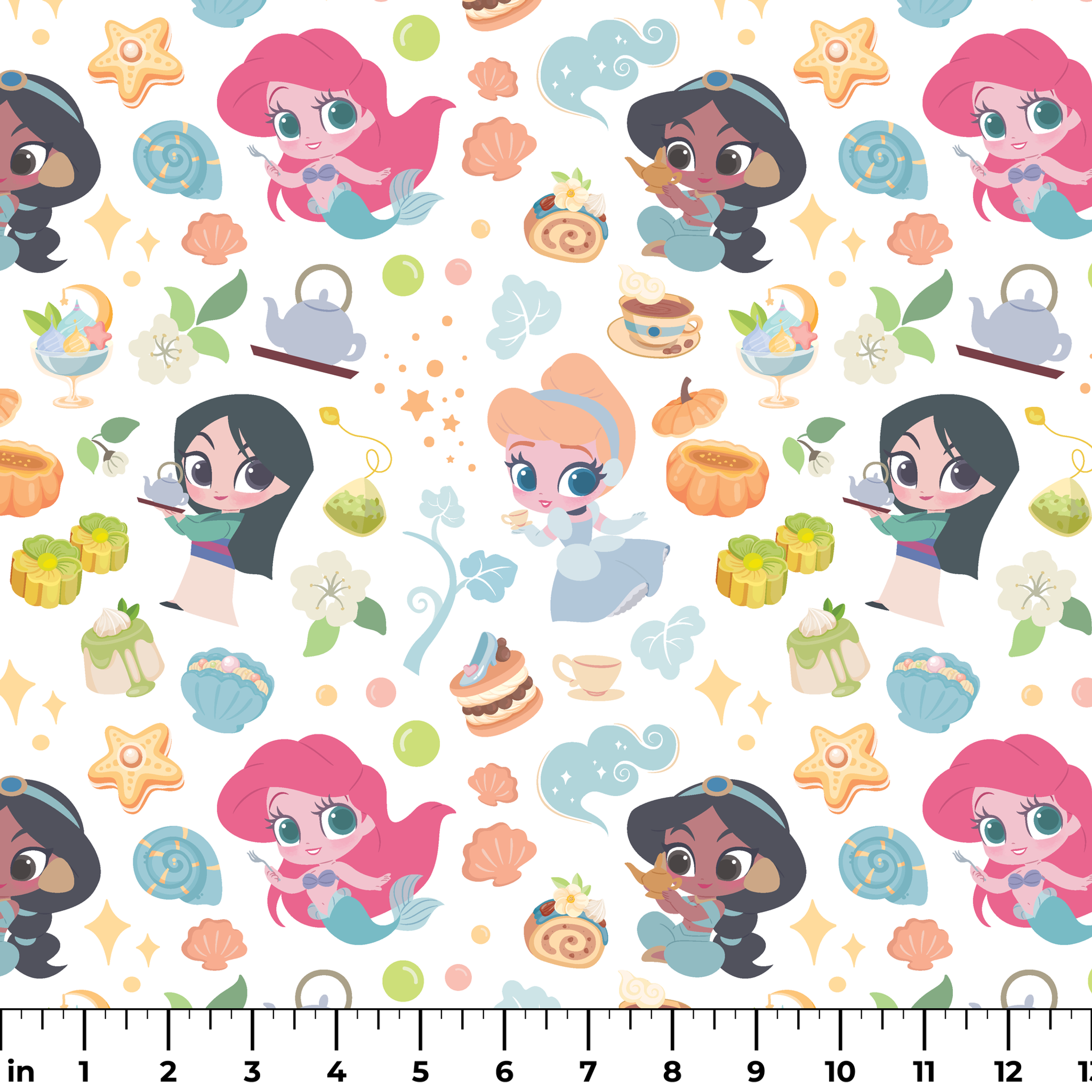 Disney Princess pattern with iconic characters, teapots, shells, sweets and gift boxes on white background ruler