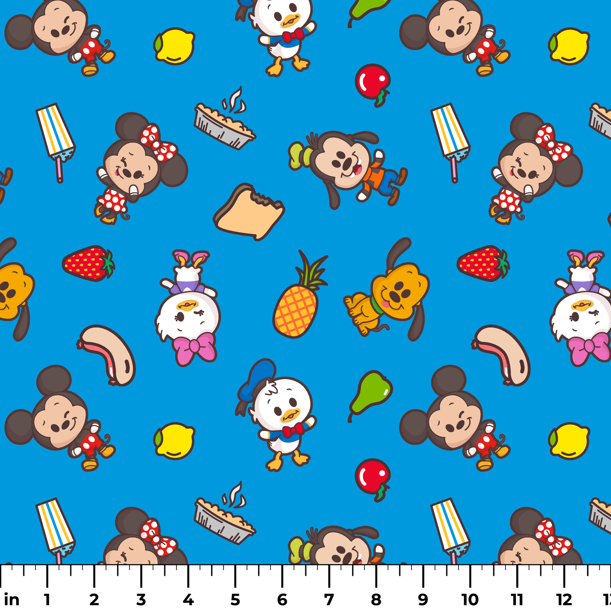 Mickey, friends, and food items pattern on blue background, featuring Mickey, Minnie, Donald, and fruit icons ruler