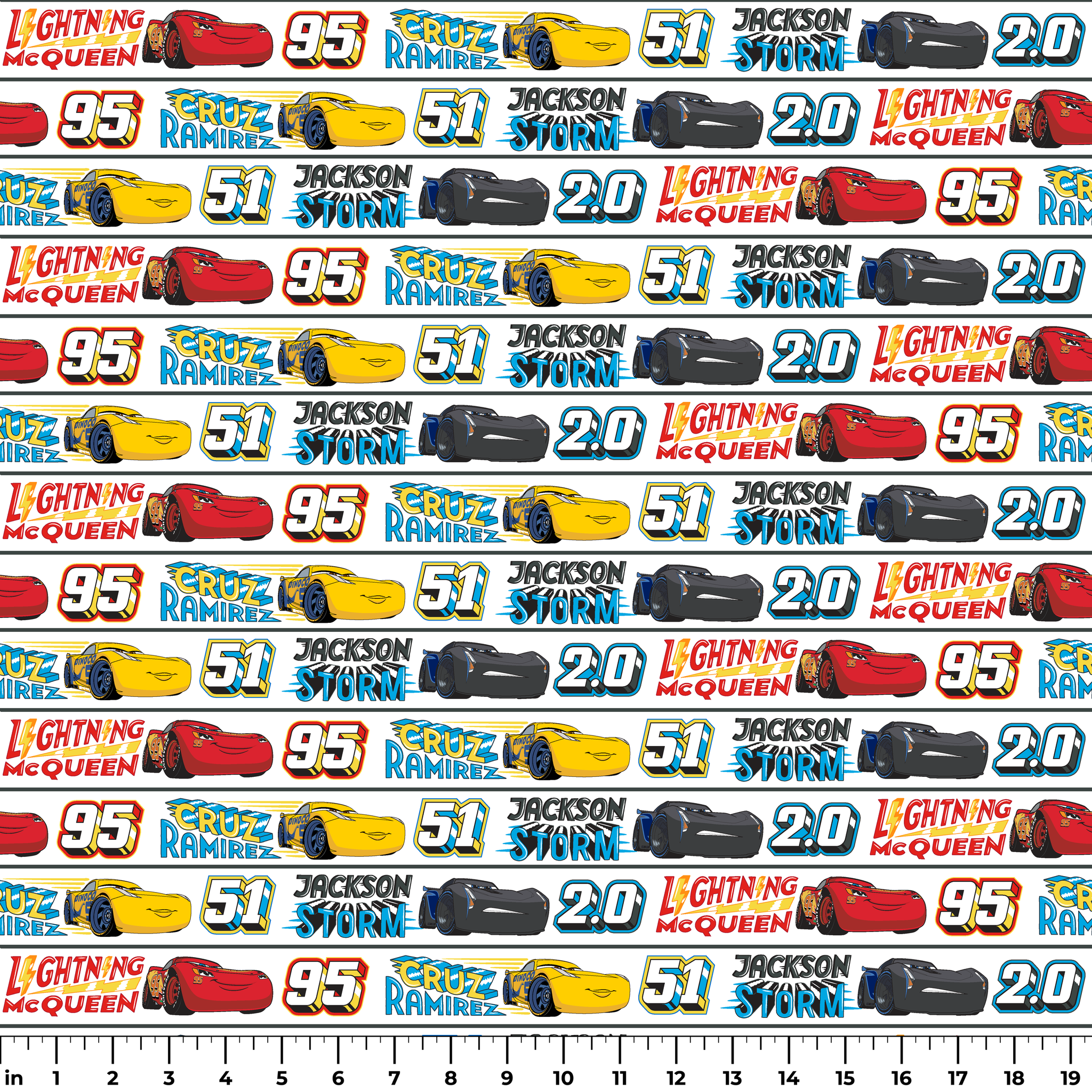 Disney Cars character ribbon with Lightning McQueen 95, Cruz Ramirez 51, and Jackson Storm 20 repeated pattern ruler