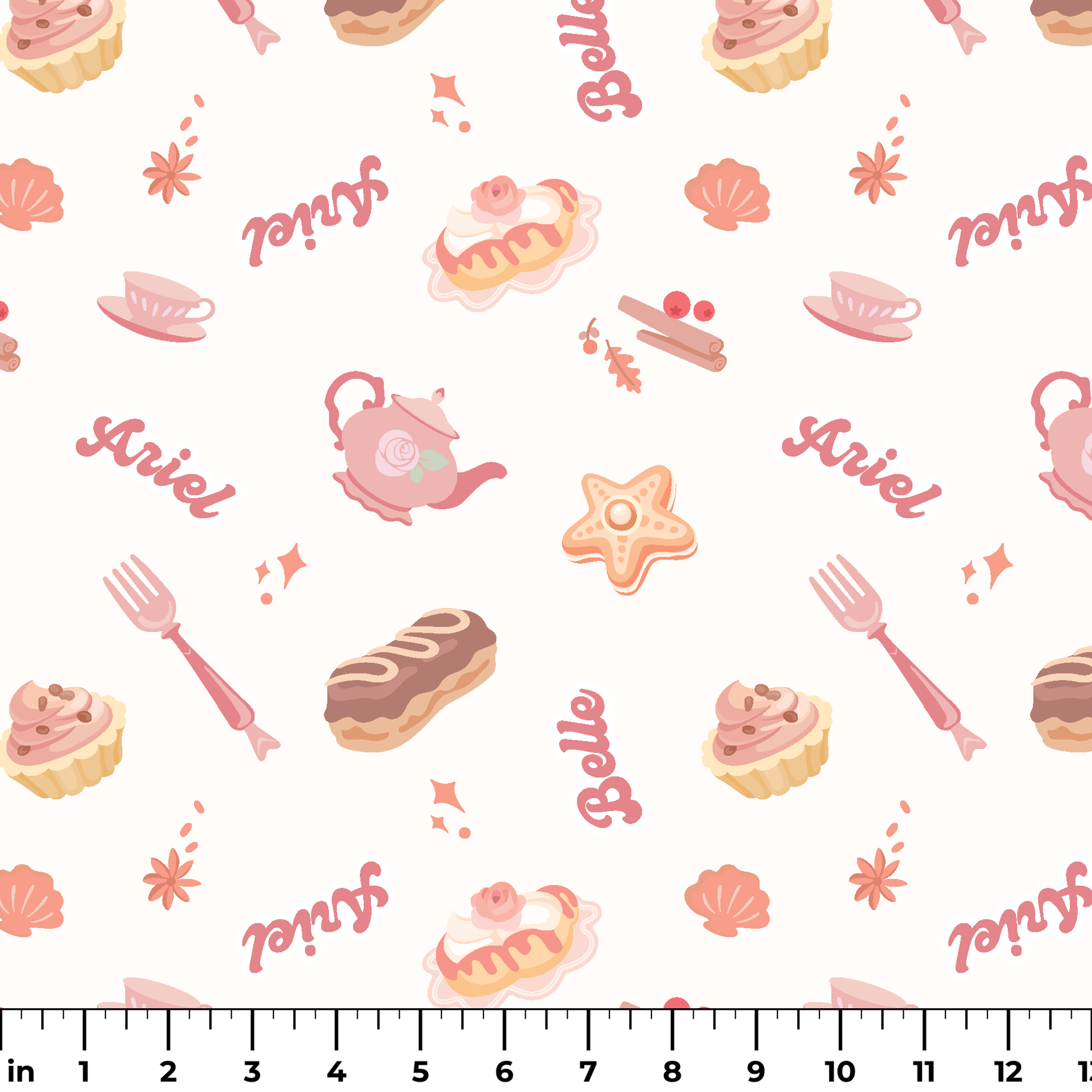 Disney Princess bakery pattern with desserts, teapot, teacup, and text on cream background ruler