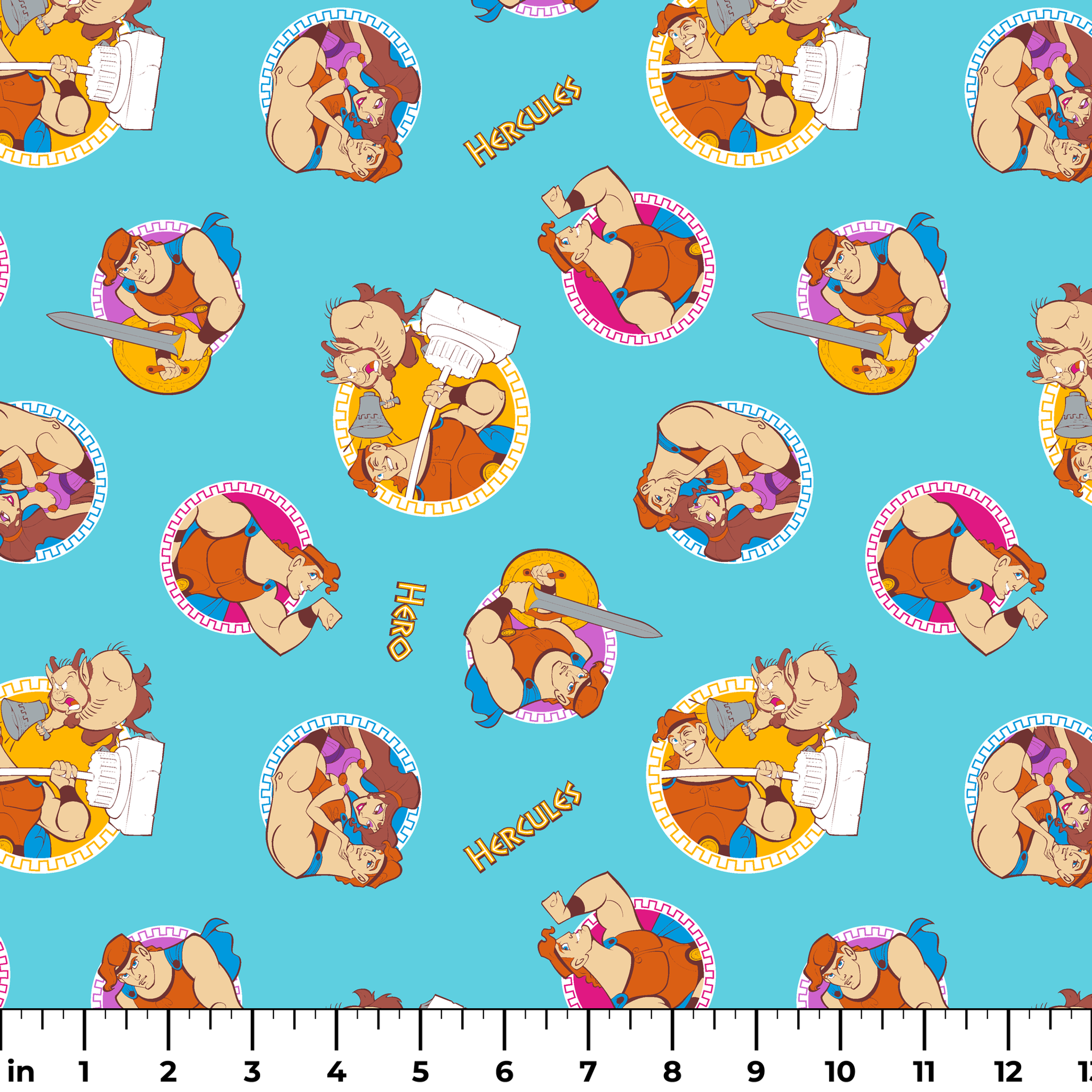 Cartoon characters from Hercules arranged in circular patterns on light blue background ruler