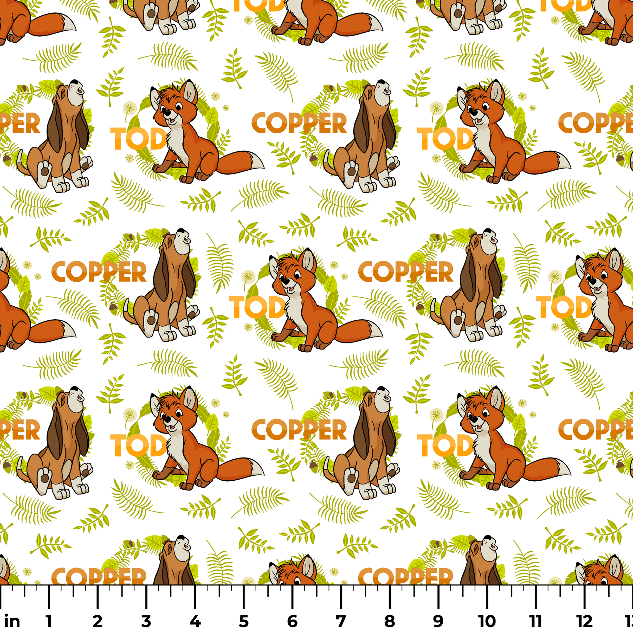 Fox and the Hound pattern with name "COPPER" and green fern background design ruler
